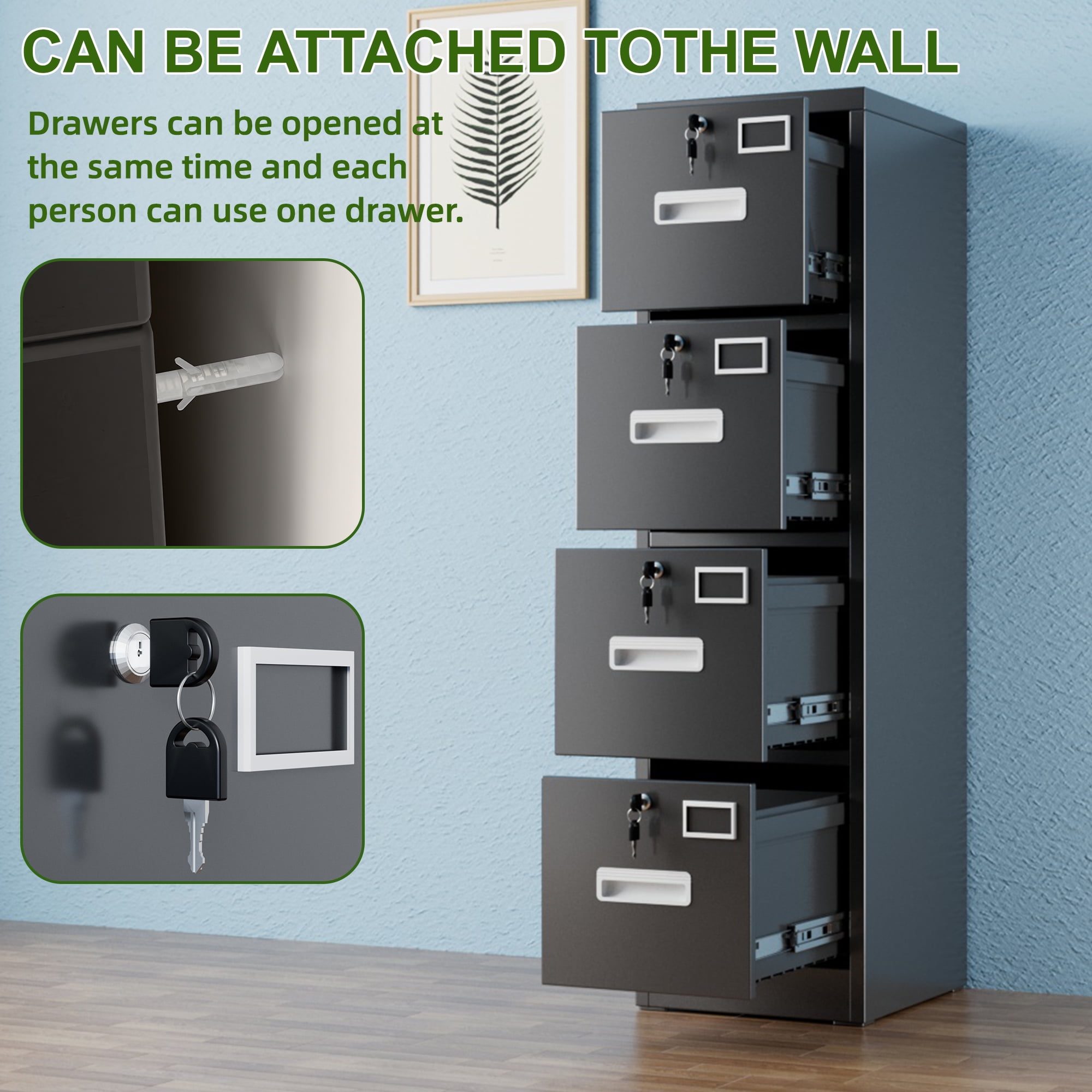 HUAXRON 4-Drawer Vertical File Cabinet with Individual Locks and Hanging Folder Rails (Black) hvun2