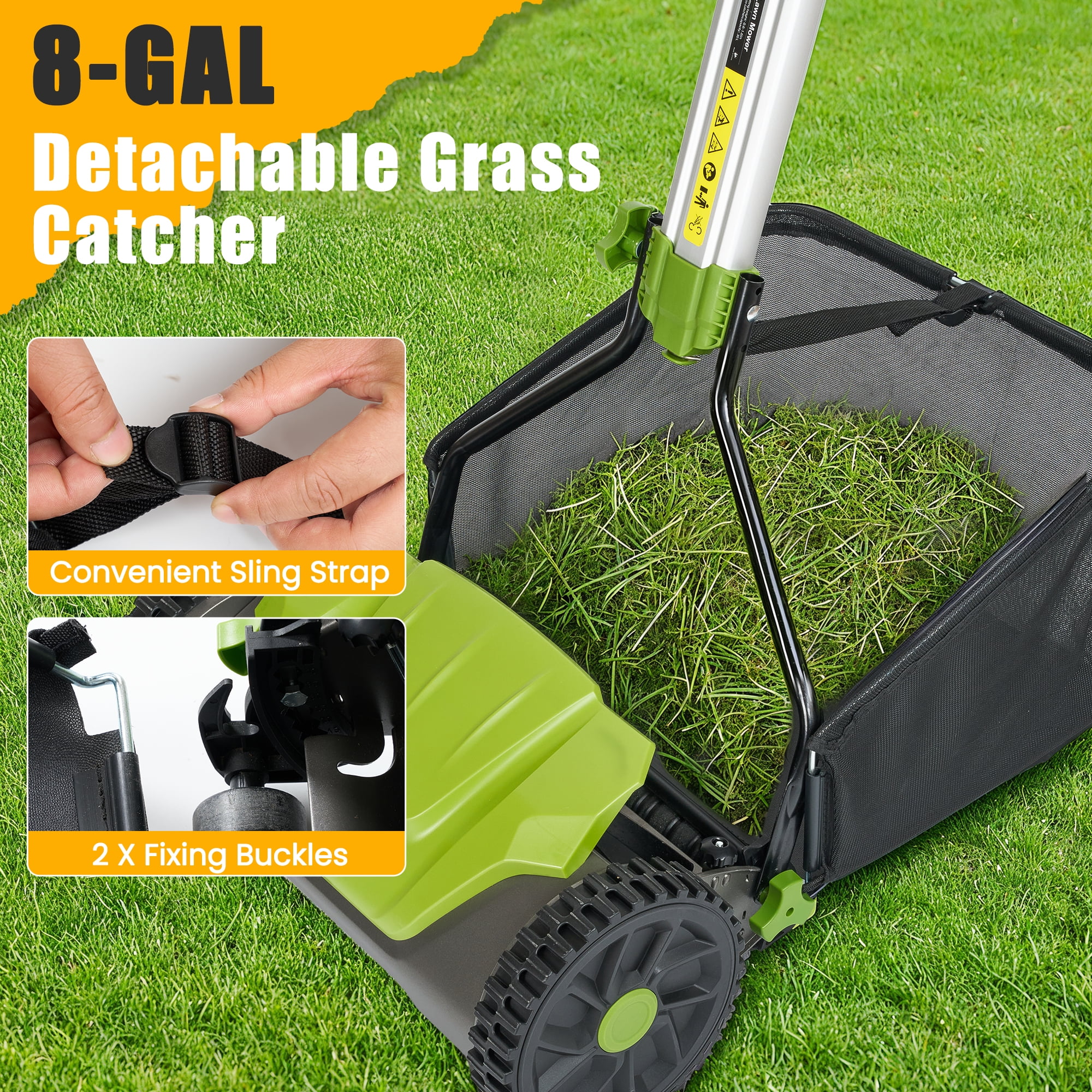 Naipo Manual Push Reel Lawn Mower, 16-in Cutting Width, 5-Blade System, 6 Adjustable Heights, Includes 8-Gallon Grass Catcher (Green) 9na7t