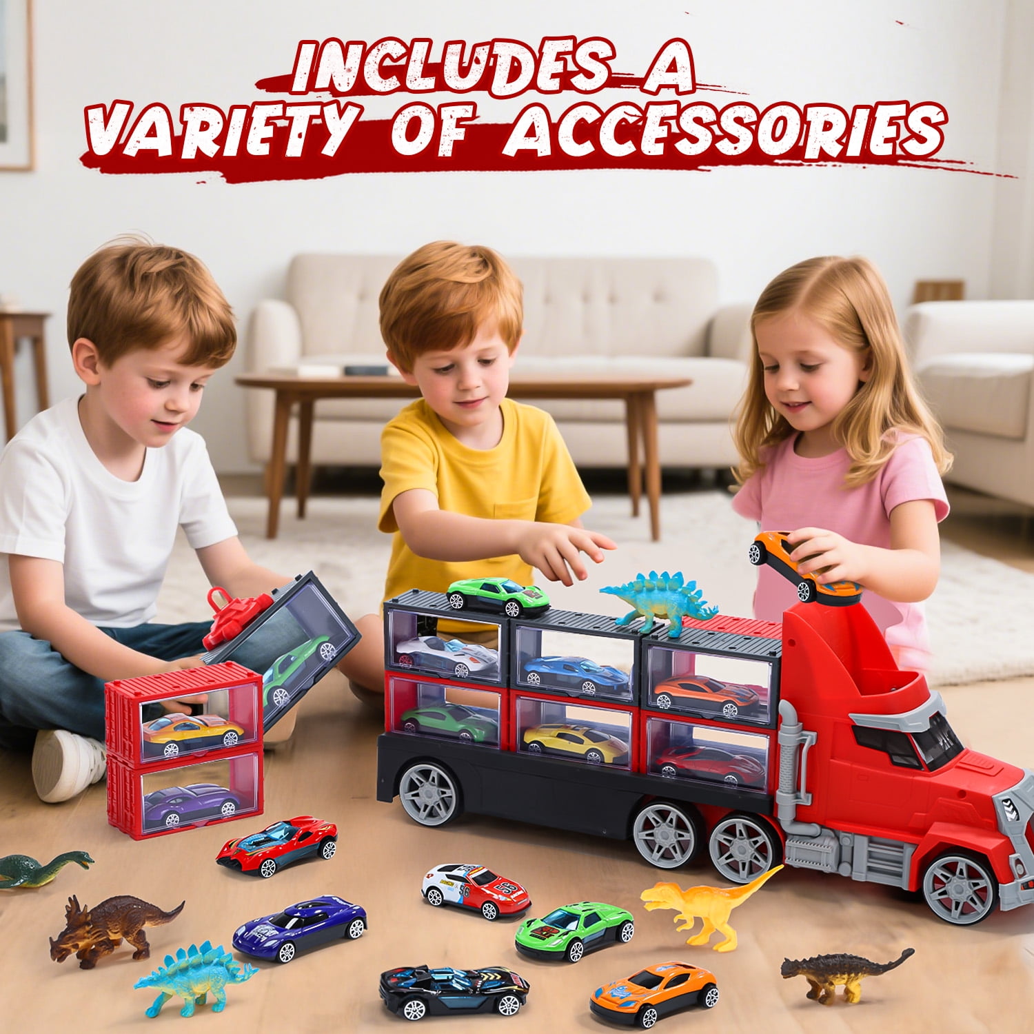 WonderStone 3-in-1 Fire Rescue Truck Playset with Crane, 12 Die-Cast Cars, and 6 Dinosaur Figures (Red, 17.33 in x 7.48 in x 4.33 in) 5bsgw