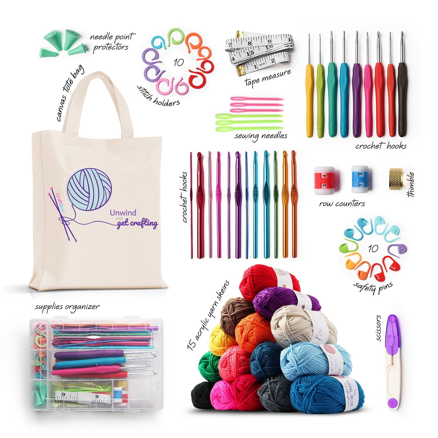 CraftBud Crochet Kit for Beginners, Complete Crafting Set with 1100 Yards Yarn, 9 Hooks, Accessories & Tote Bag (73-Piece) sfqcv