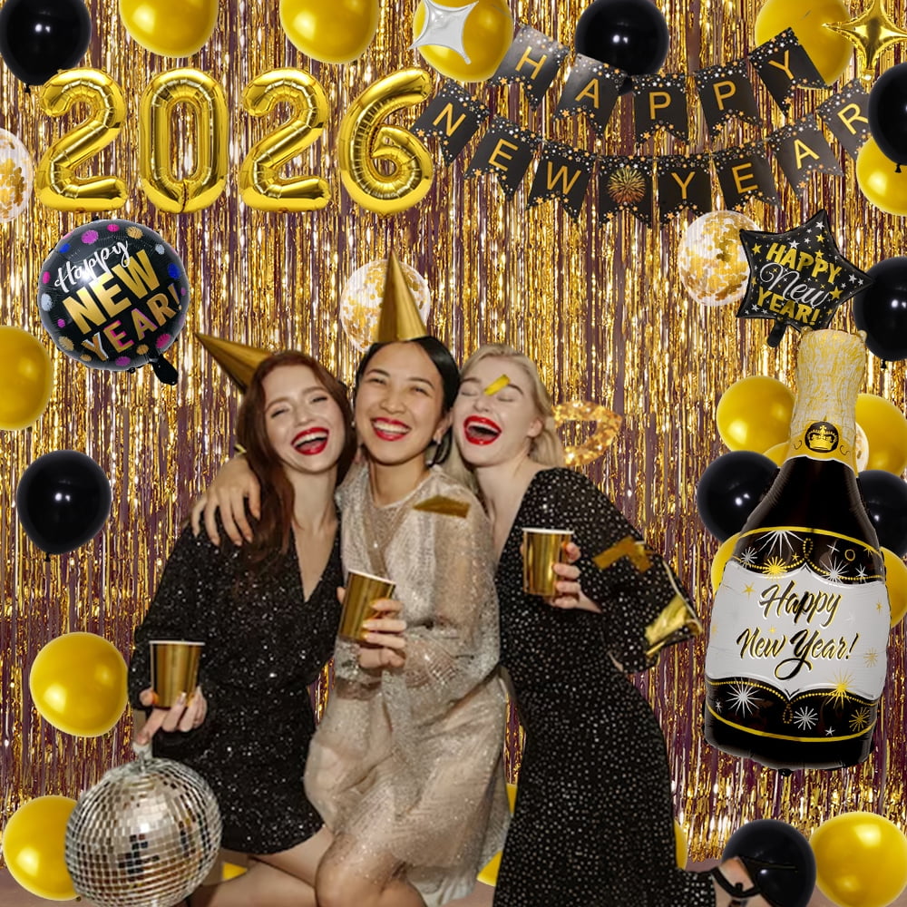 MSJEHQI New Year Party Decorations Kit 2026 Happy New Year Banner Balloons Photo Booth Props (Gold and Black, 53 Piece Set) wtqgx