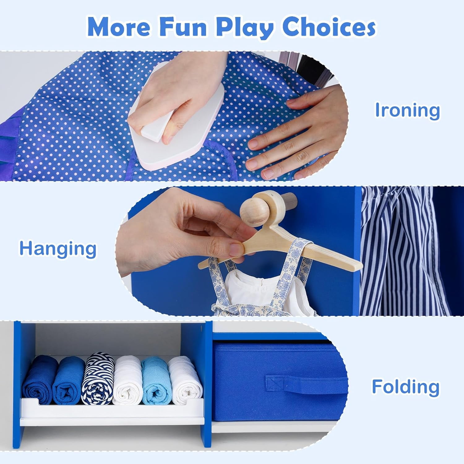 Olakids Kids Toy Washing Machine Playset, Wooden Pretend Laundry Center with Ironing Station and Accessories (Blue, 35 in x 12 in x 36 in) zg9cy