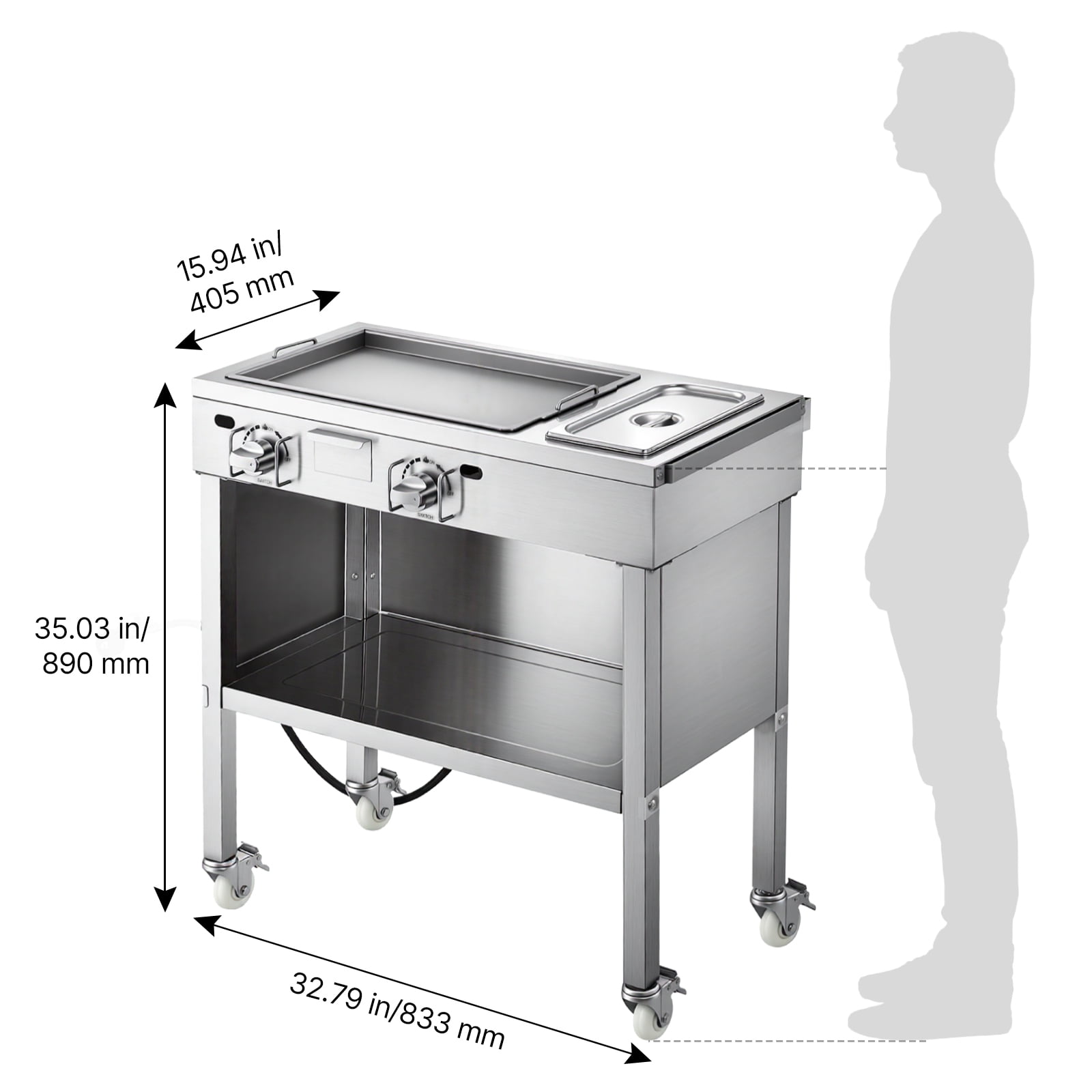 KFFKFF Outdoor Propane Griddle with 2 Burners, Stainless Steel Gas Cooking Cart with Lockable Wheels (Silver, 23,200 BTU) 57oed