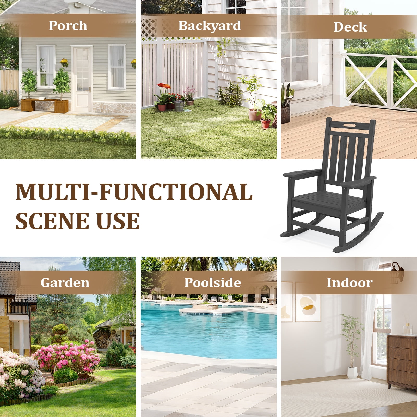 Loyalice HDPE Outdoor Rocking Chair, All-Weather High Back Patio Rocker with Wood-Grain Texture (Gray) 1kiwq