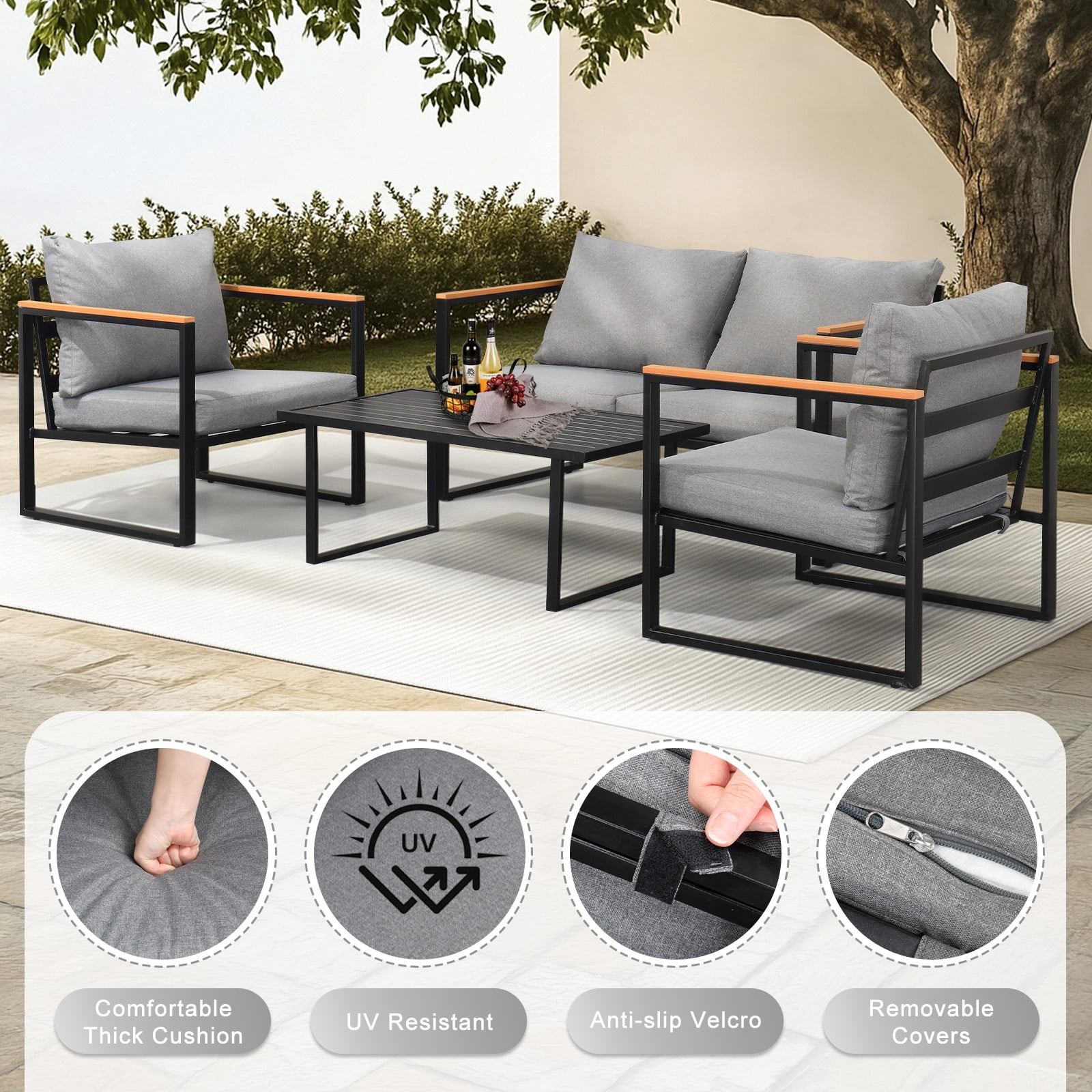 Zimtown 4-Piece Outdoor Patio Conversation Set, Weather-Resistant Metal Furniture with Cushions (Gray, 4-Piece) 418ih