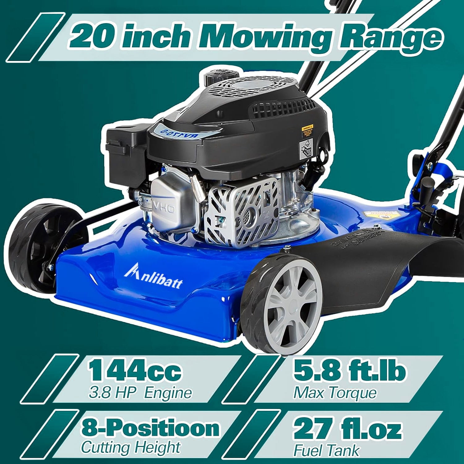 ANLIBATT Gas Lawn Mower 144cc 2-in-1 Side Discharge Push Mower (20 in Deck, 8-Position Height Adjustment) 0tqcf