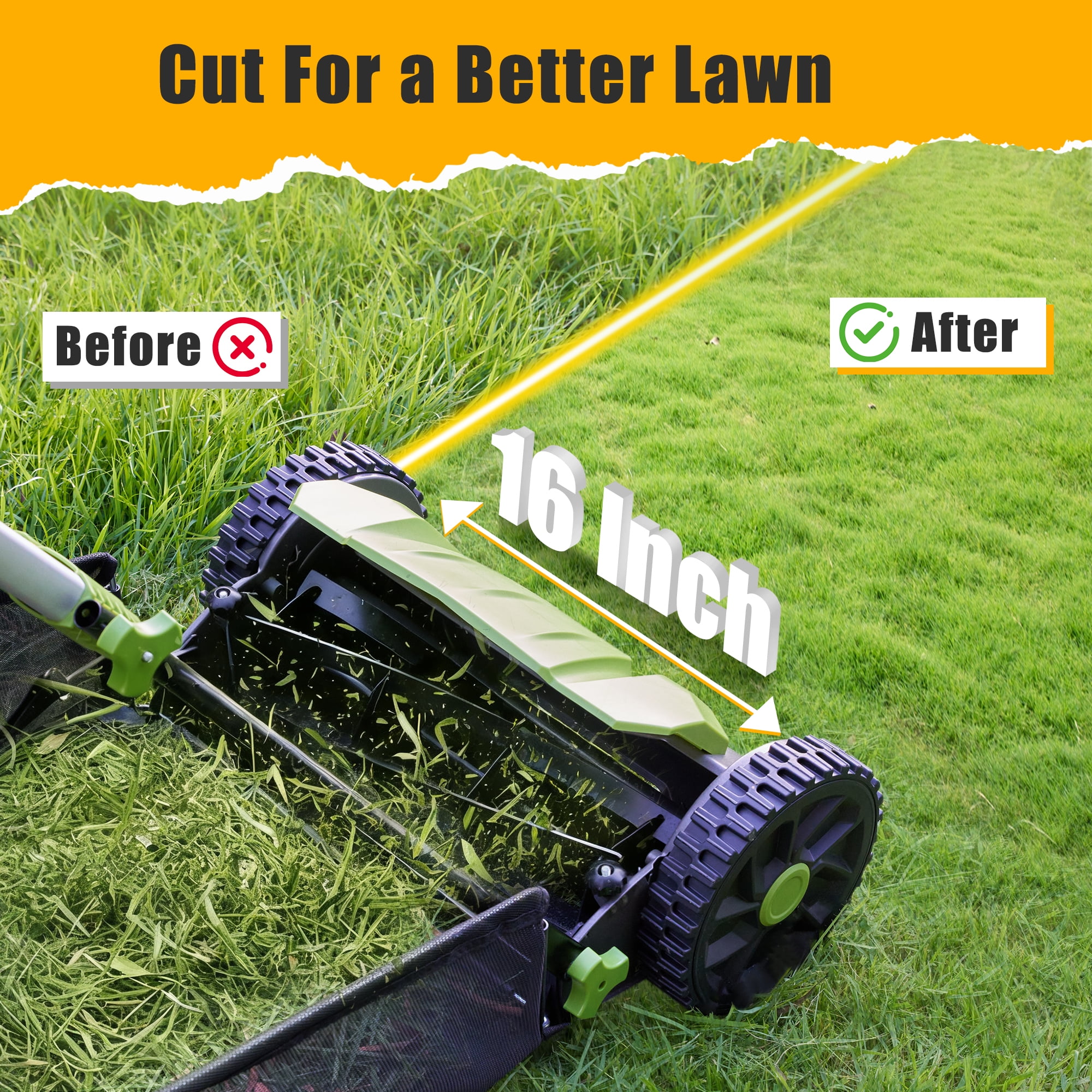 Naipo Manual Push Reel Lawn Mower, 16-in Cutting Width, 5-Blade System, 6 Adjustable Heights, Includes 8-Gallon Grass Catcher (Green) 9na7t