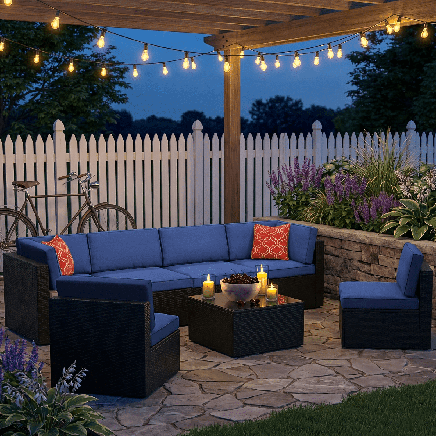 Junkai 7-Piece Rattan Outdoor Sectional Sofa Set with Coffee Table and Cushions (Blue, 7-Piece) uy02y