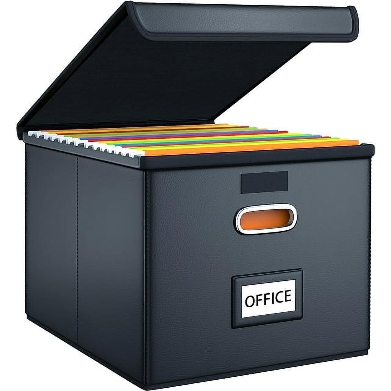 Gijjgole Collapsible Faux Leather Hanging File Folder Box Organizer with Lid and Plastic Slides (Black, 14.9 in x 12.7 in x 10.8 in) 722hx