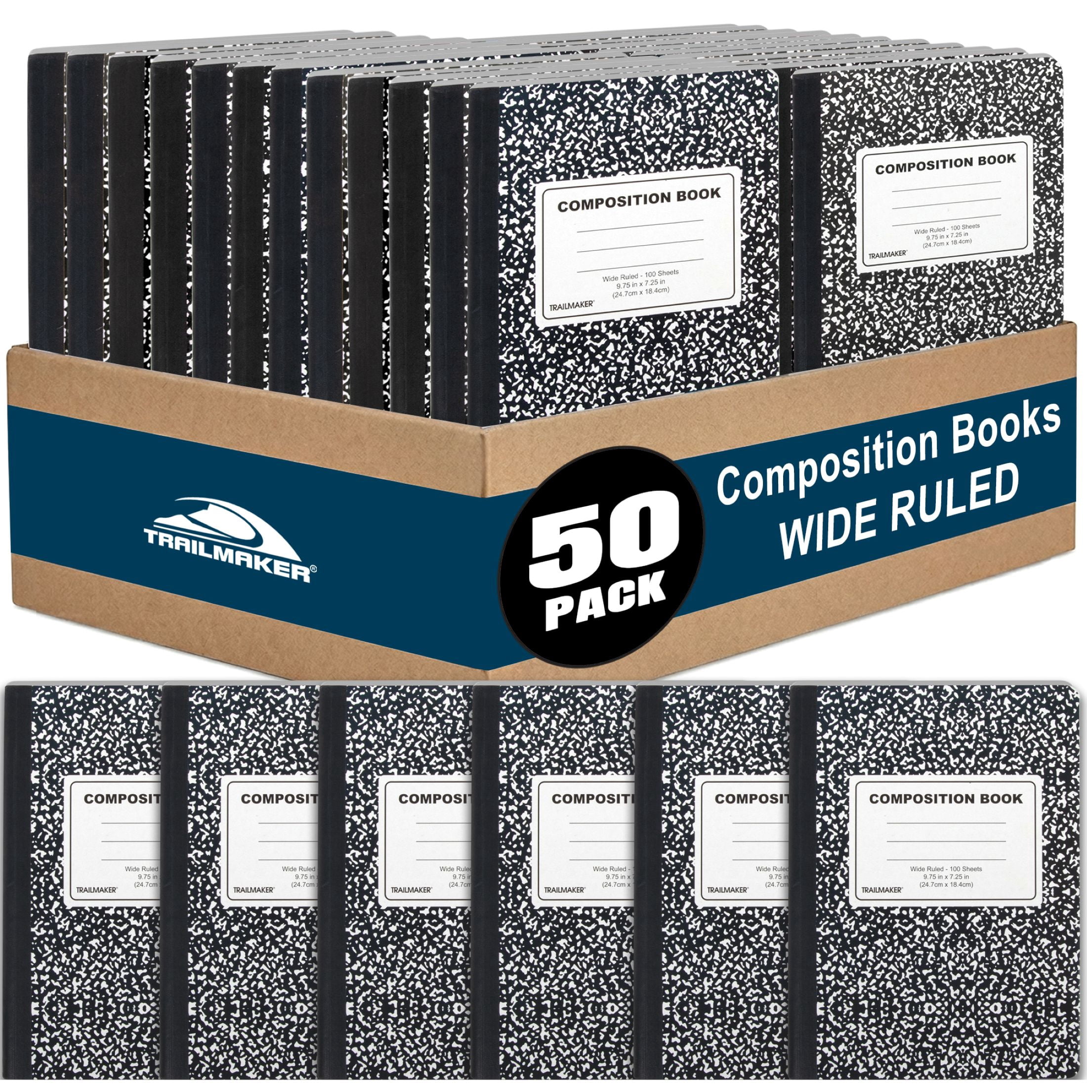 Trailmaker Wide Ruled Composition Notebooks, Durable Hardcover Journal for School and Office (Black, 50 Pack, 9.75 in x 7.5 in) 5hbjc