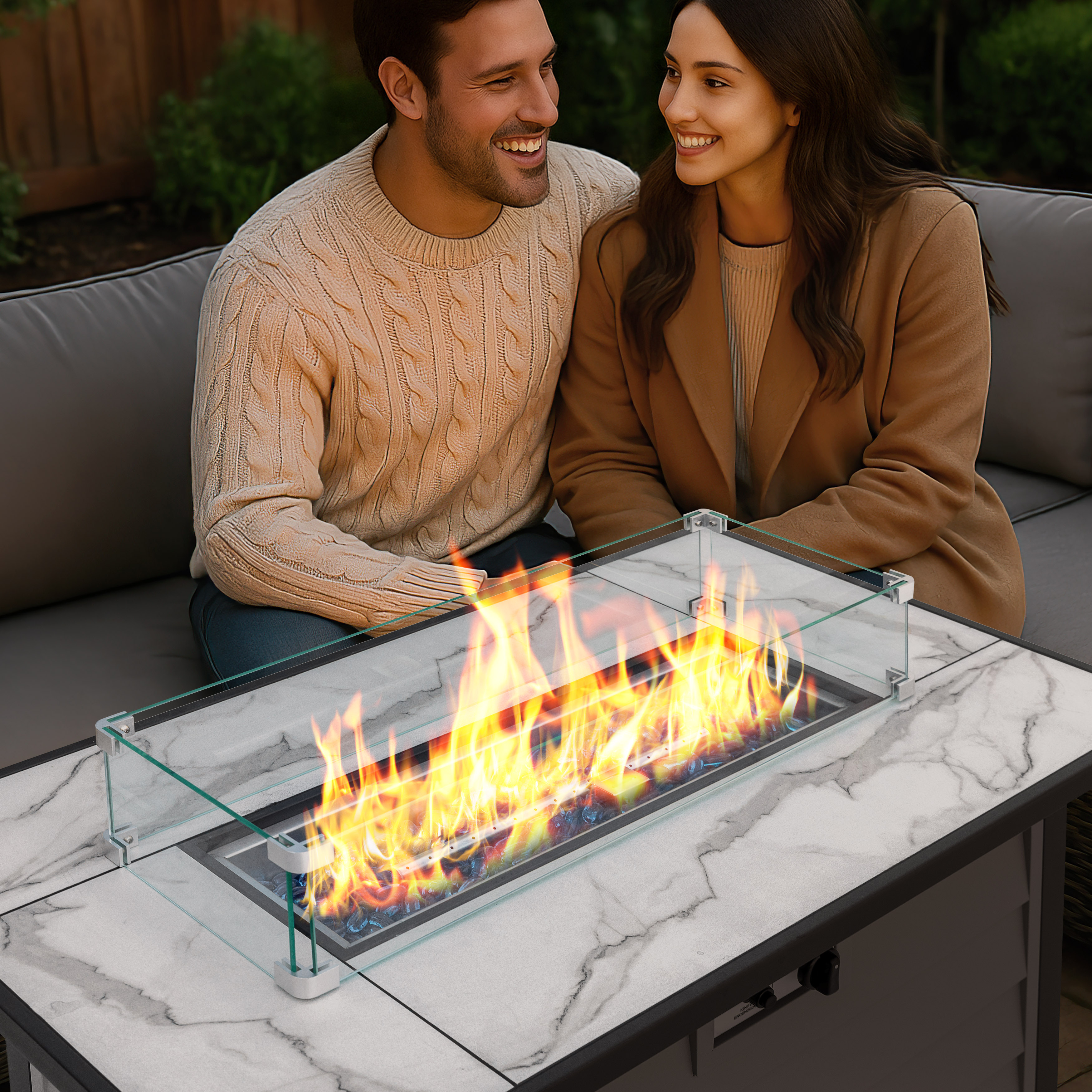 Nuu Garden 43 in Propane Fire Pit Table with Marble Texture Glass Top, 50,000 BTU Outdoor Gas Fireplace with Wind Guard and Lid (Ivory White, 43 in) 8llz3