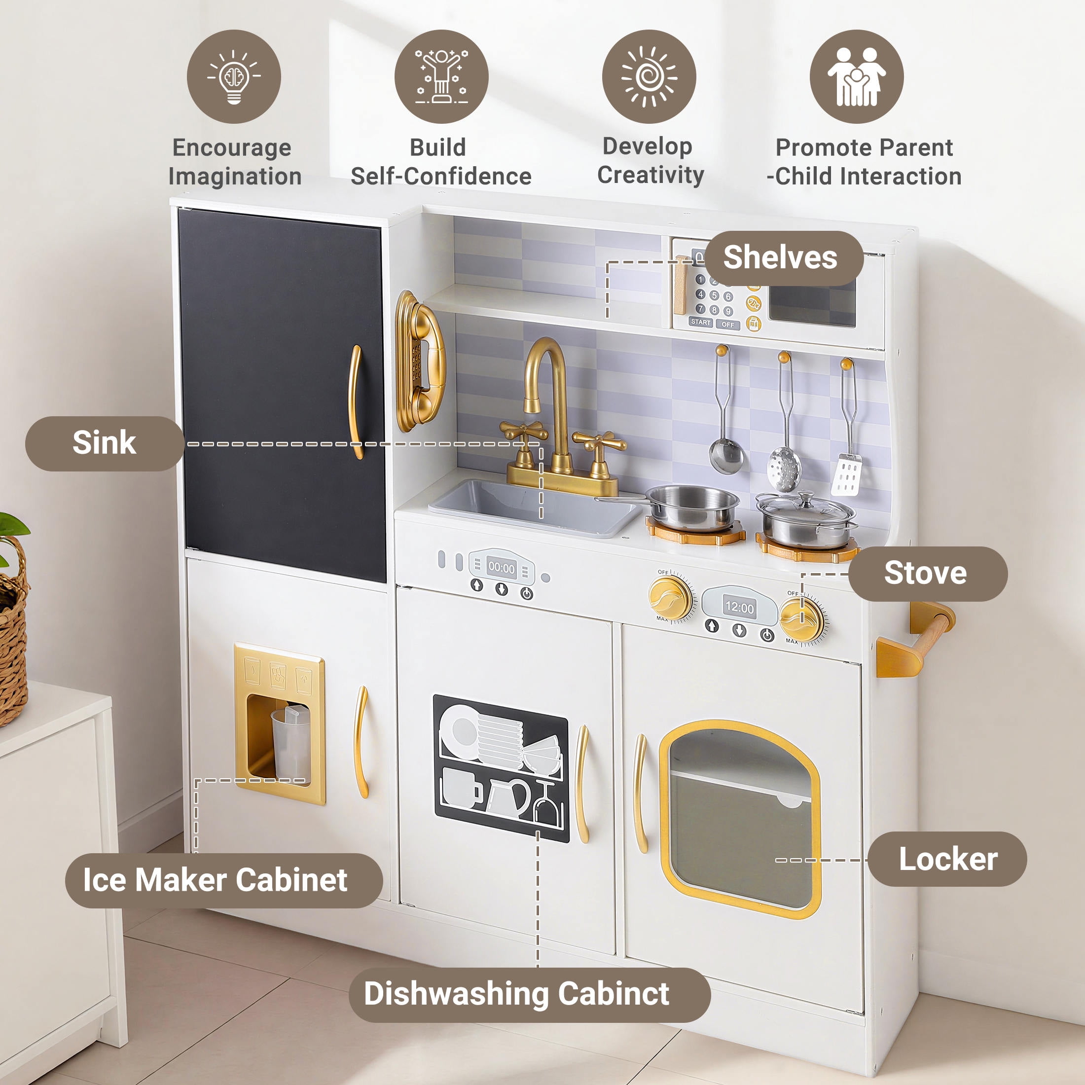COCLUB Wooden Kids Play Kitchen Set with Chalkboard, Ice Maker, and Cookware Accessories (White, 33.07 in x 10.62 in x 31.5 in) zl9uh