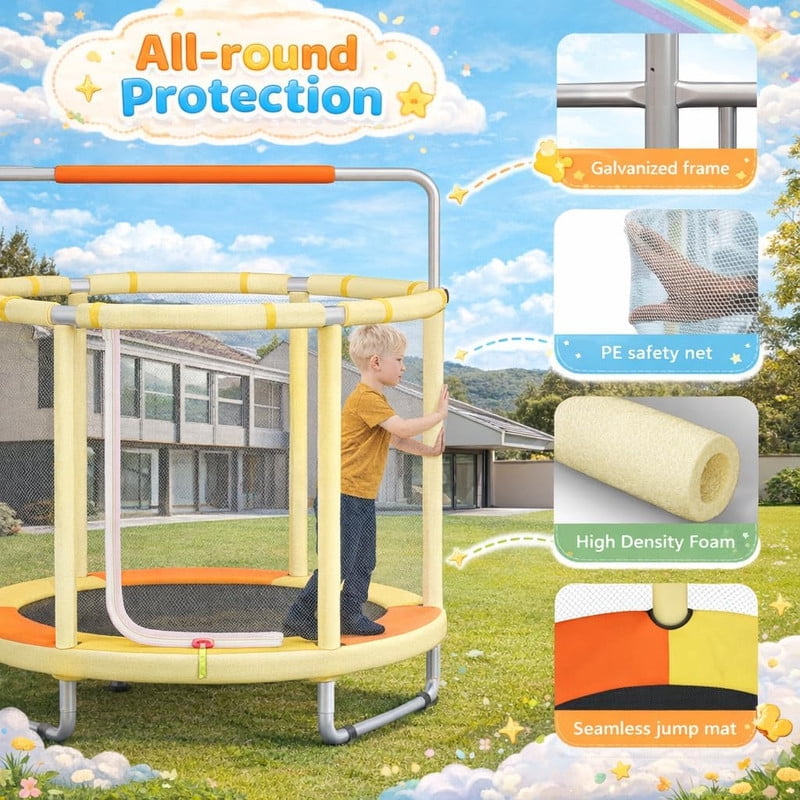 SIMENMAX 55 in Kids Trampoline with Enclosure, 4-in-1 Toddler Activity Center with Gymnastics Bar, Basketball Hoop, and Swing (Yellow, 55 in) cnizl