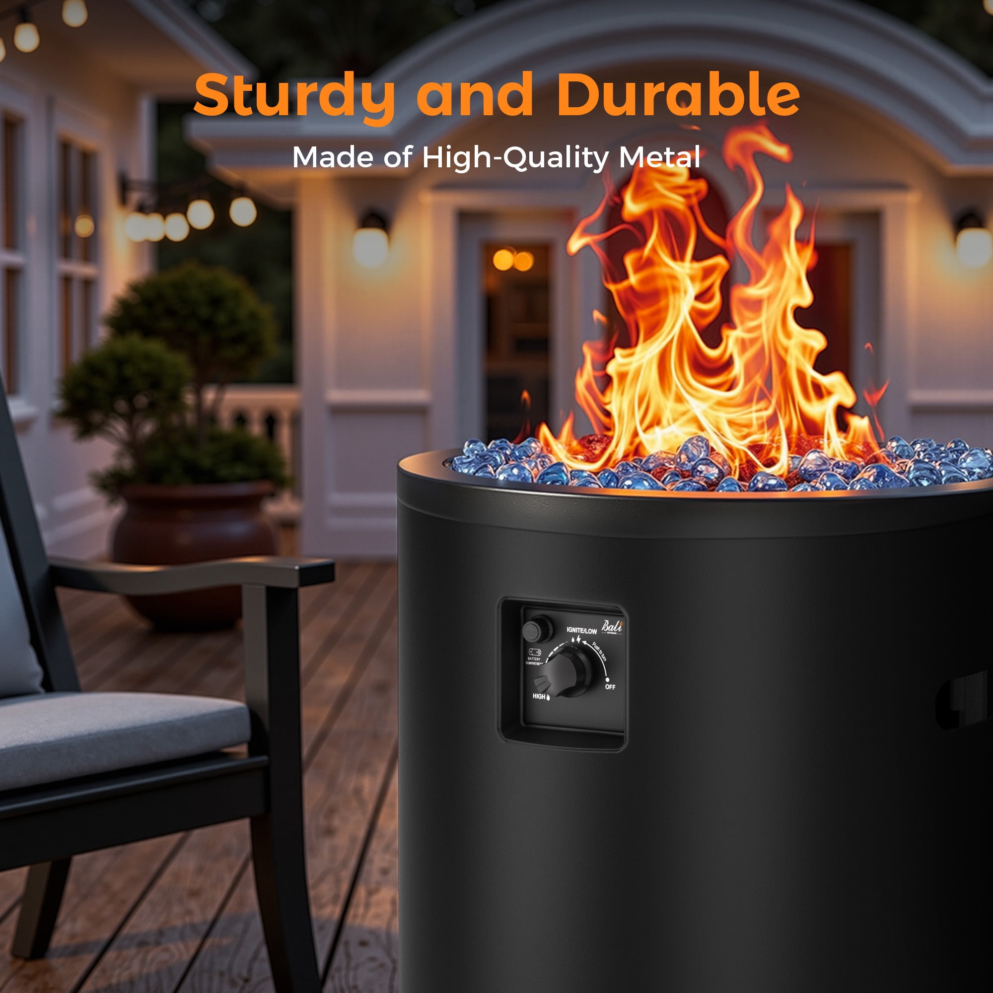 Bali Outdoors 23 in Gas Fire Pit Column, 50,000 BTU Round Propane Fire Pit Table with Glass Stones (Black) kws90