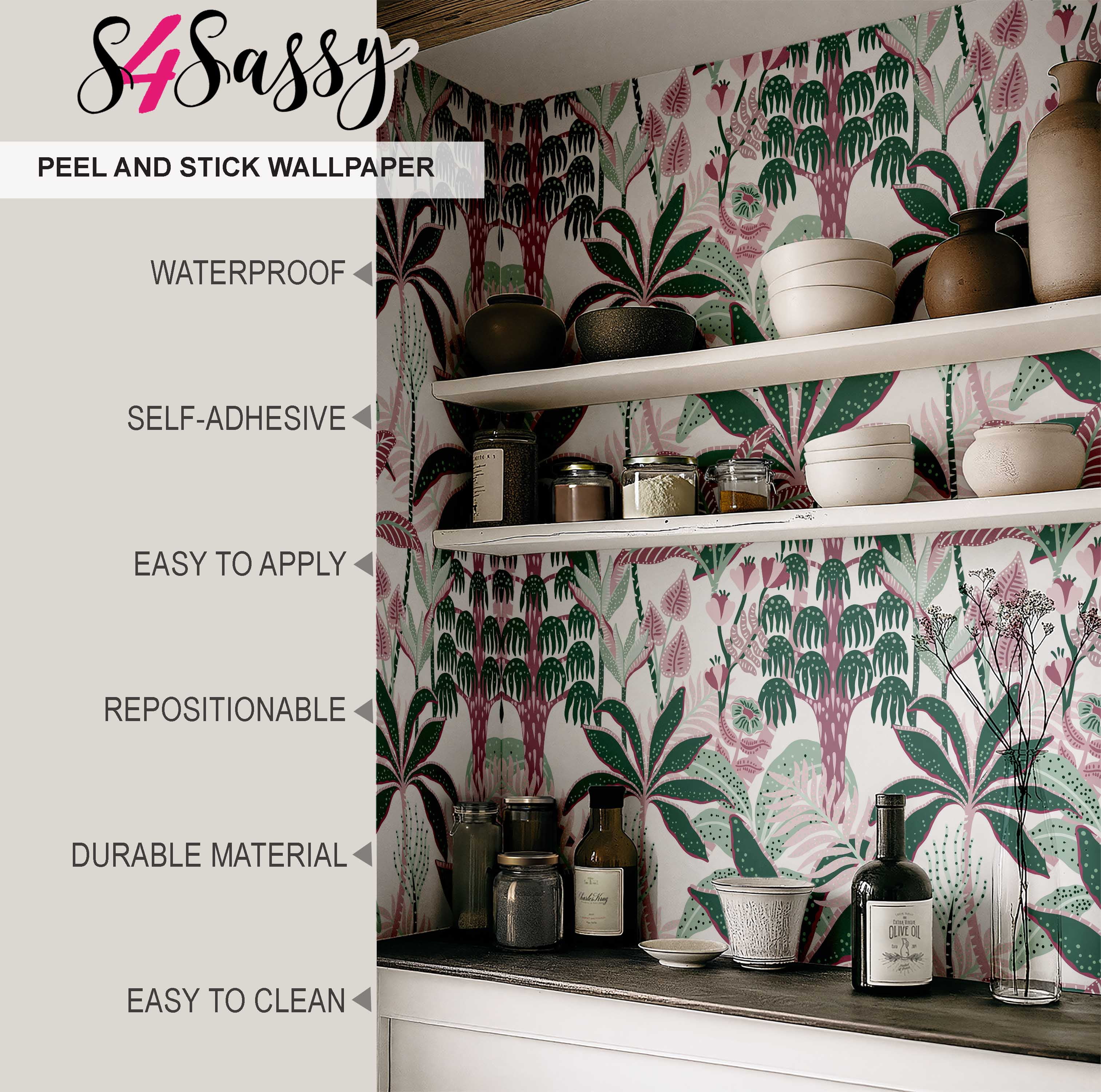 S4Sassy Tropical Banana Tree Peel and Stick Wallpaper, Removable Vinyl Wall Mural for Home Decor (Green, 25 in x 120 in) axl9n
