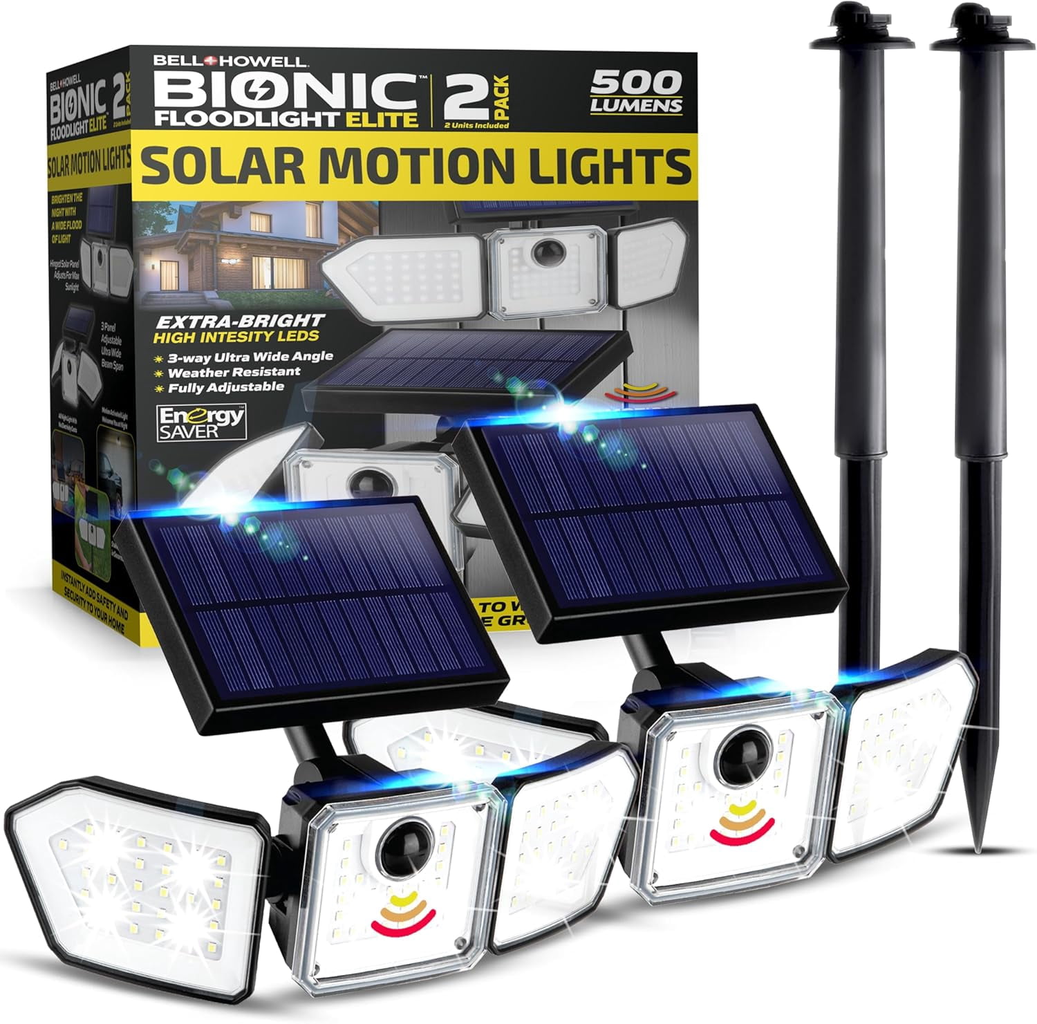 Bell + Howell Bionic Solar Flood Light Motion Sensor Outdoor Security Lighting (3-Head, 2-Pack) s5cm6