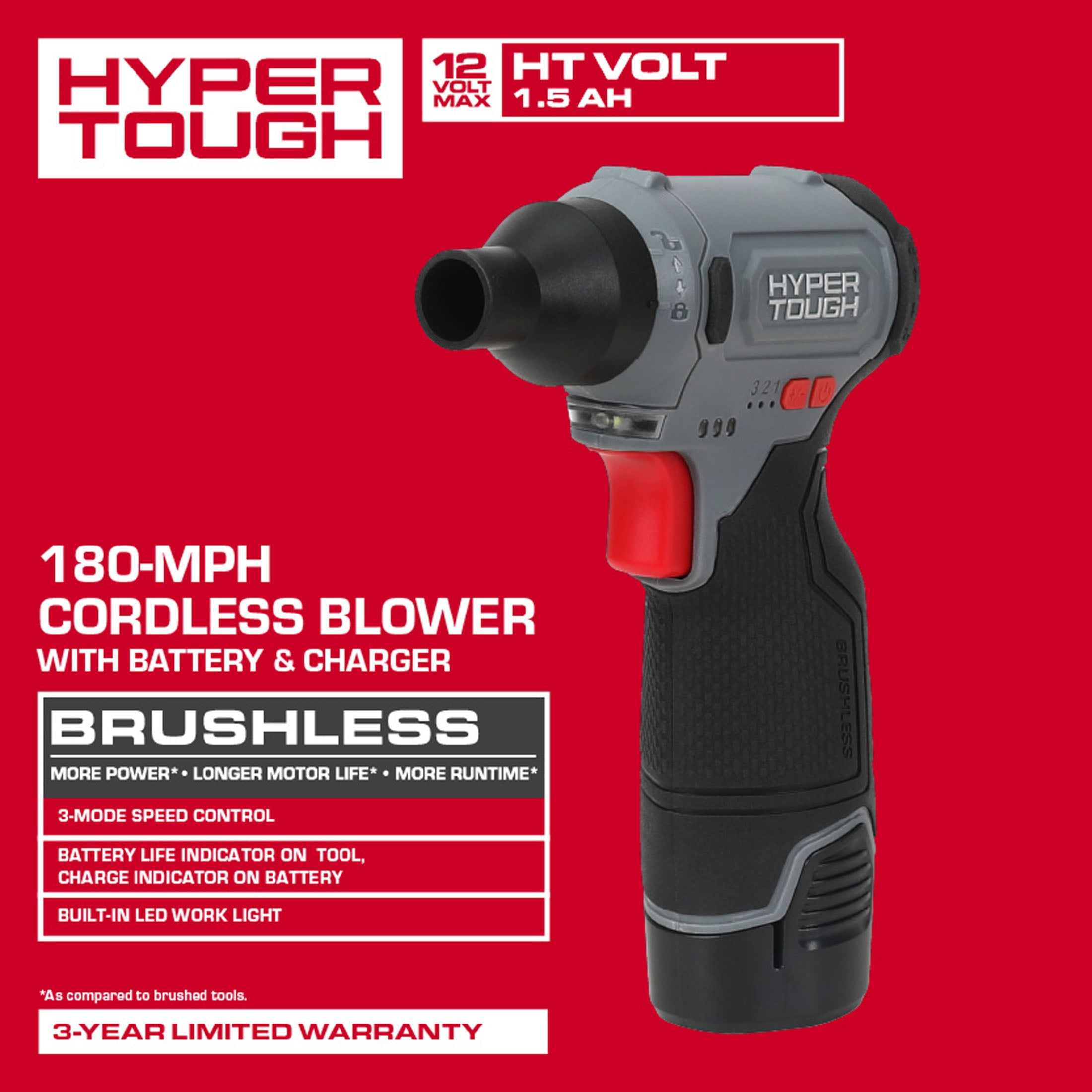 Hyper Tough 12V Cordless Leaf Blower with 180-MPH Airflow and 1.5Ah Lithium-Ion Battery (12V, 1.5Ah) sb54o