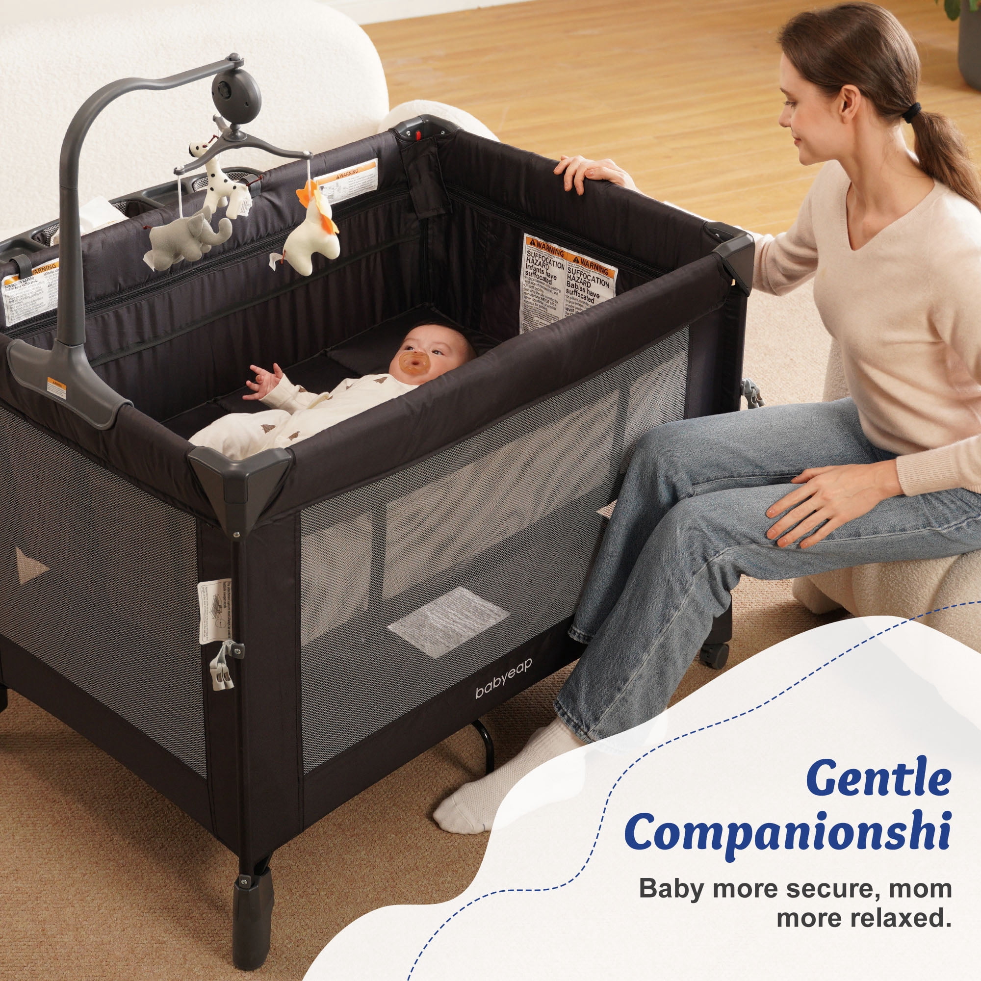 Babyeap 4-in-1 Portable Baby Bassinet and Playard with Changing Table (Black, 30 lb Capacity) npfzr
