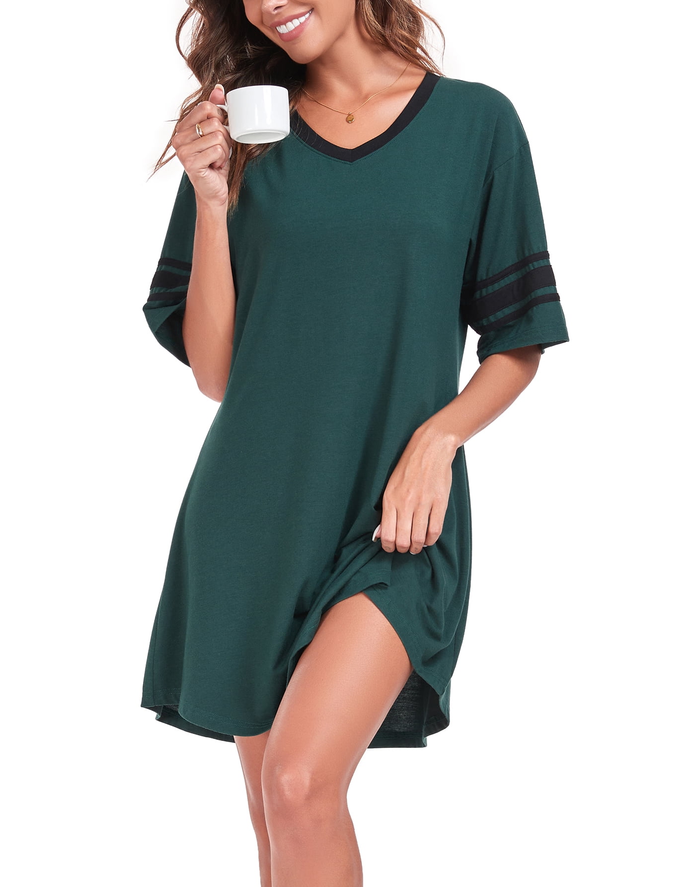 DreamFish Womens Nightgown Short Sleeve V-Neck Sleepshirt Loungewear (Green, M) y4w5a