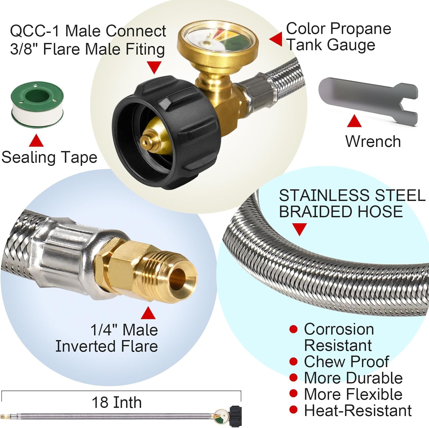 Aokur Automatic 2-Stage LP Propane Gas Regulator Kit with Dual 18 in Stainless Braided Pigtail Hoses and Gauge (1/4 in Inverted Male Flare) opmuu