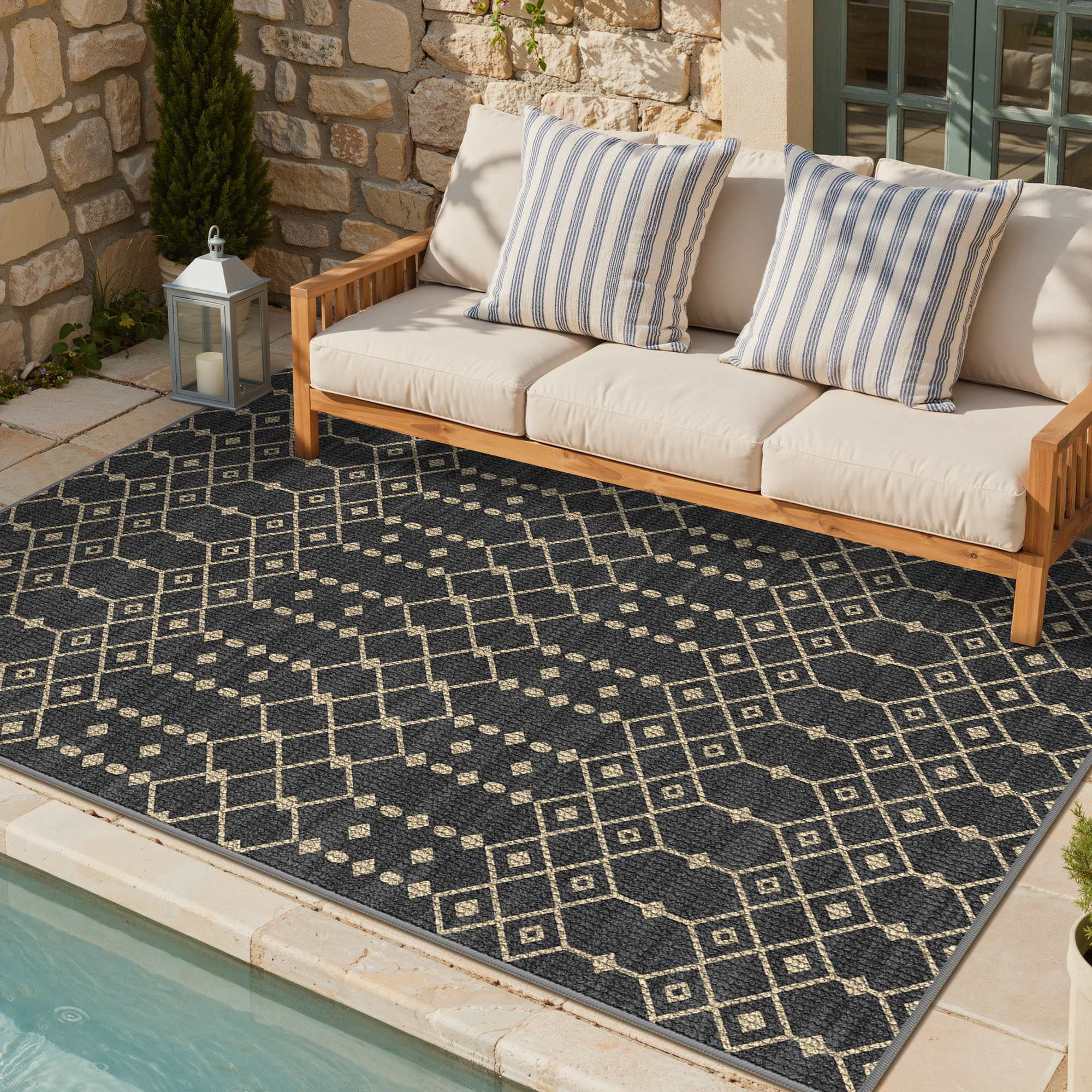 DEORAB Outdoor Rug (Black & Beige, 5 ft x 8 ft) Washable UV-Resistant Patio Deck Carpet 1u2r2