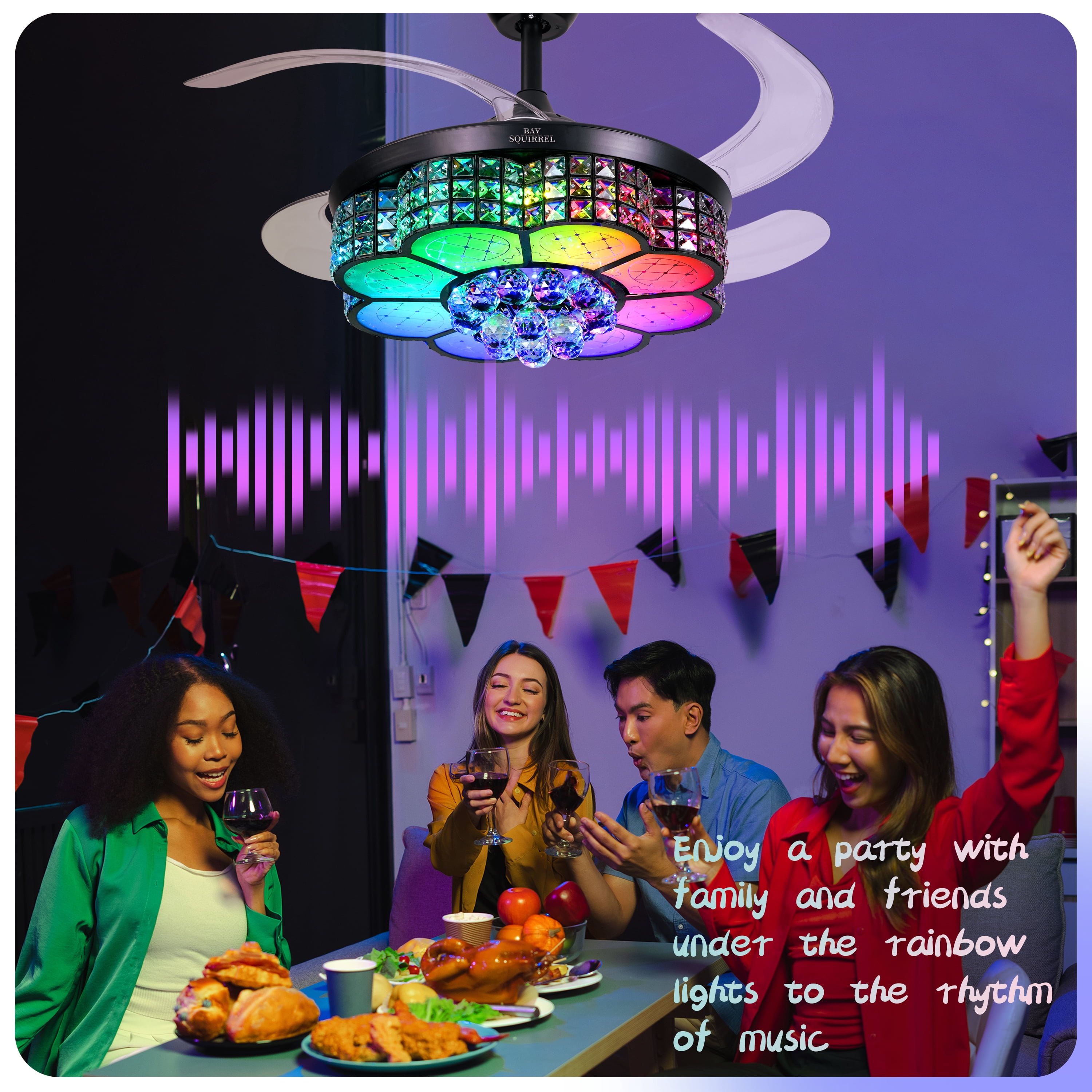 BAYSQUIRREL Retractable Crystal Ceiling Fan with RGB LED Light, Bluetooth Speaker, Remote & APP Control (42 in) 68jc5