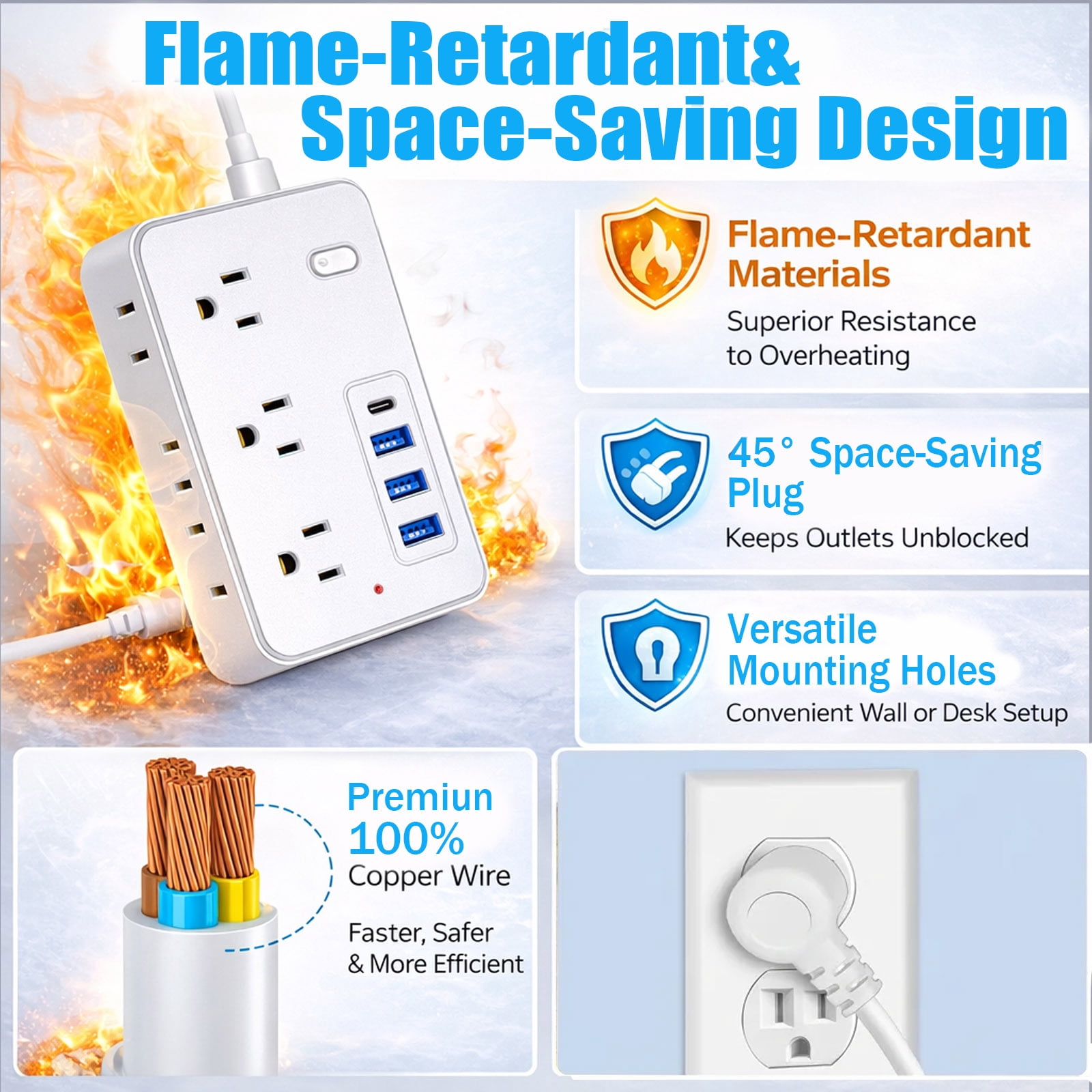 BOHASHIN Power Strip Extension Cord with 6 Widely Spaced Outlets and 4 USB Charging Ports (White, 15 ft) gtuph