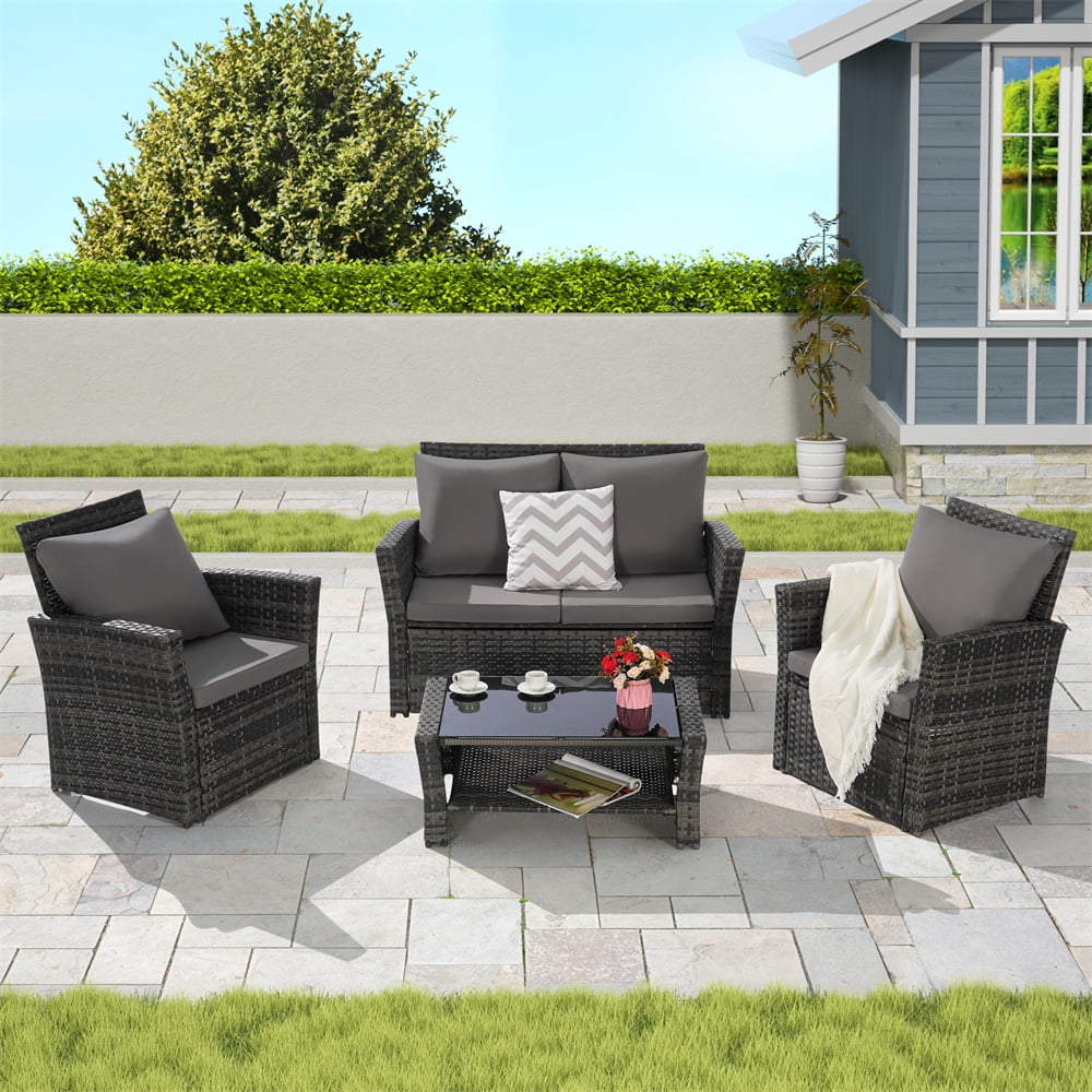 Aminy 4-Piece Patio Conversation Set, Outdoor Rattan Wicker Sofa Furniture with Cushions and Coffee Table (Gray, 4-Piece Set) llmlh