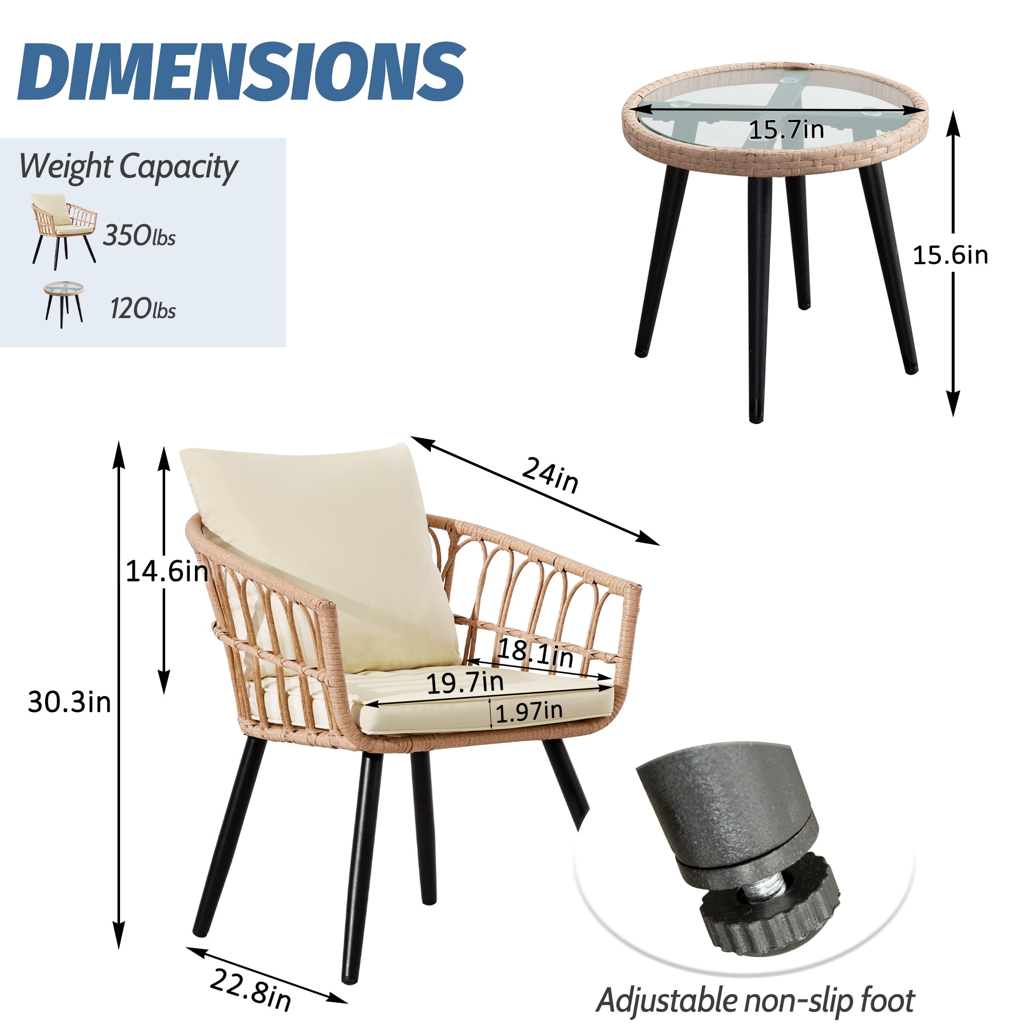 Ainfox 3-Piece Outdoor Wicker Bistro Set, All-Weather Rattan Chairs with Washable Cushions and Tempered Glass Table (Beige, 3-Piece Set) fsrfz