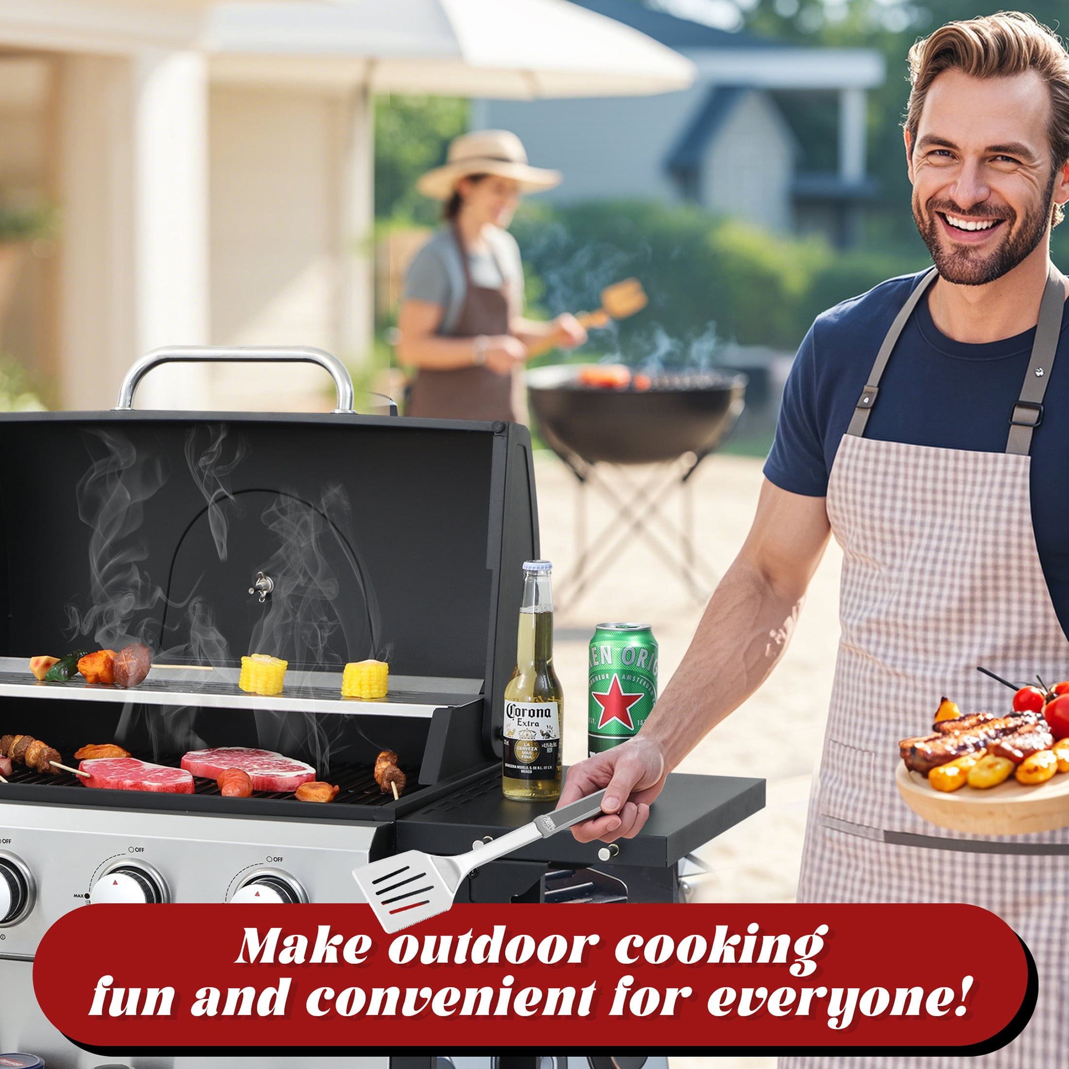 Nice Coker 4-Burner Propane Gas Grill, Outdoor BBQ Station with Stainless Steel Control Panel and Temperature Gauge (34,200 BTU) axy6y