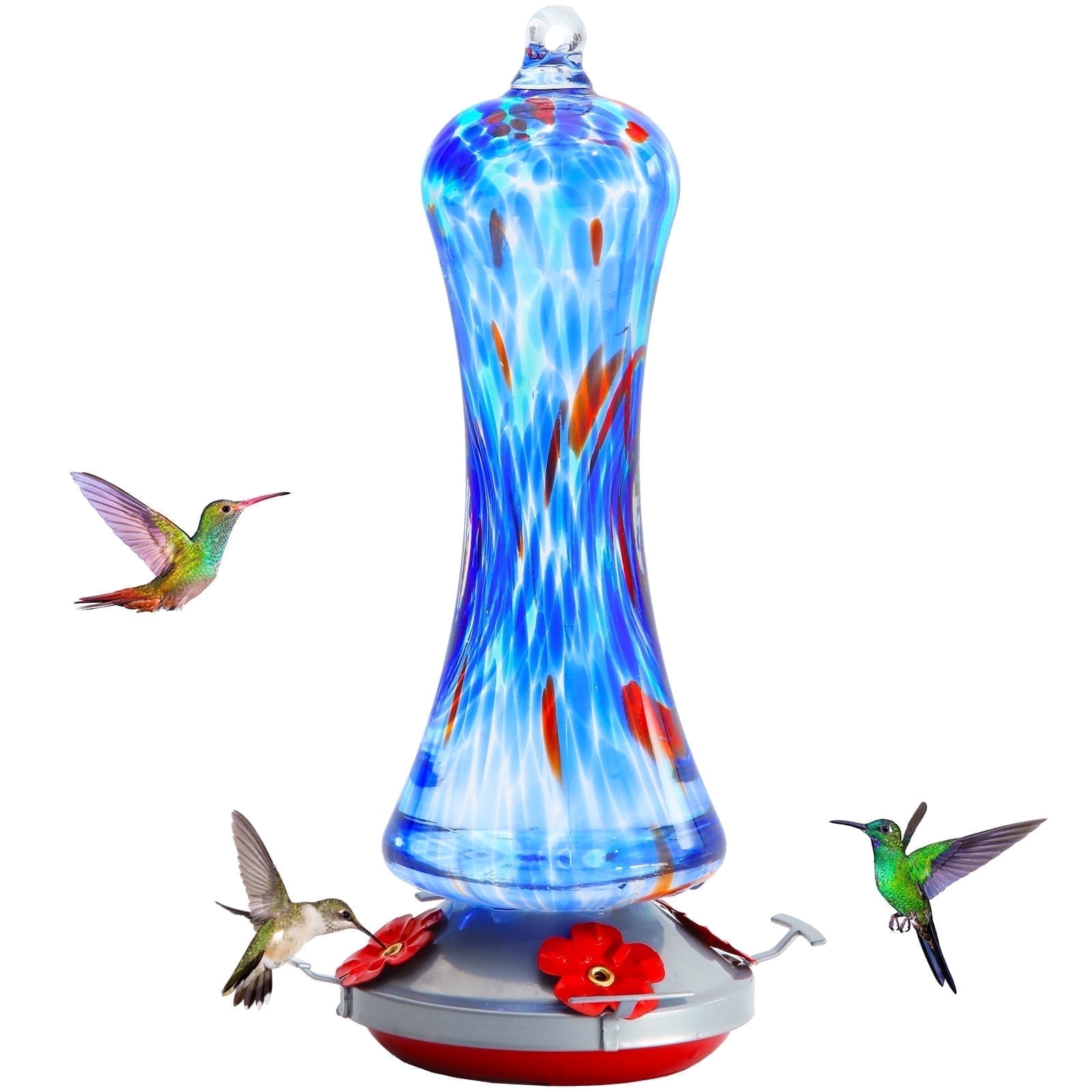 BirdKiss Hand-Blown Glass Hummingbird Feeder for Garden and Patio (Red, 16 oz) wjb7g