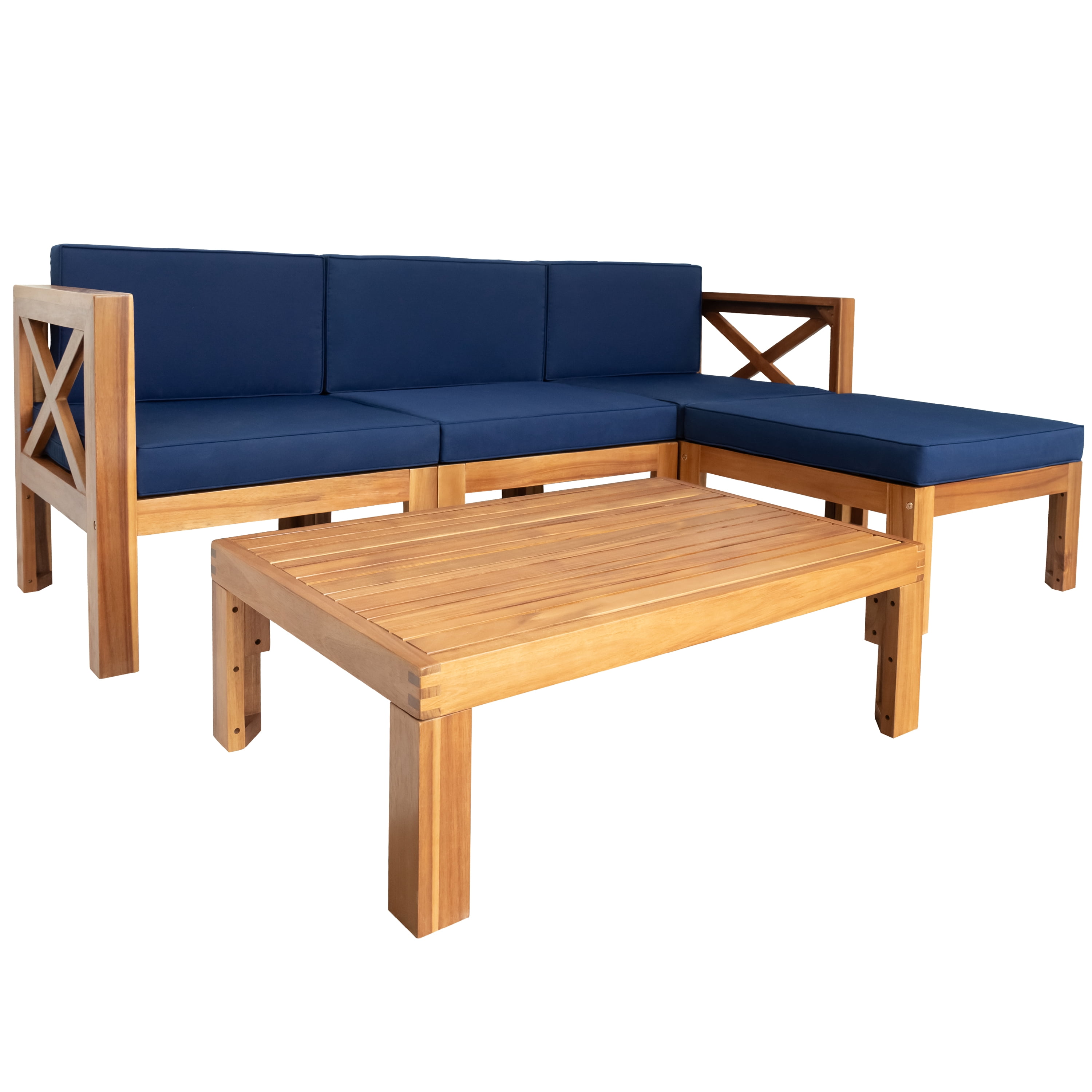 Euroco Outdoor Patio Wood 5-Piece Sectional Sofa Seating Group with Water-Resistant Cushions (Natural Finish, Blue, 5-Piece Set) ym4qv