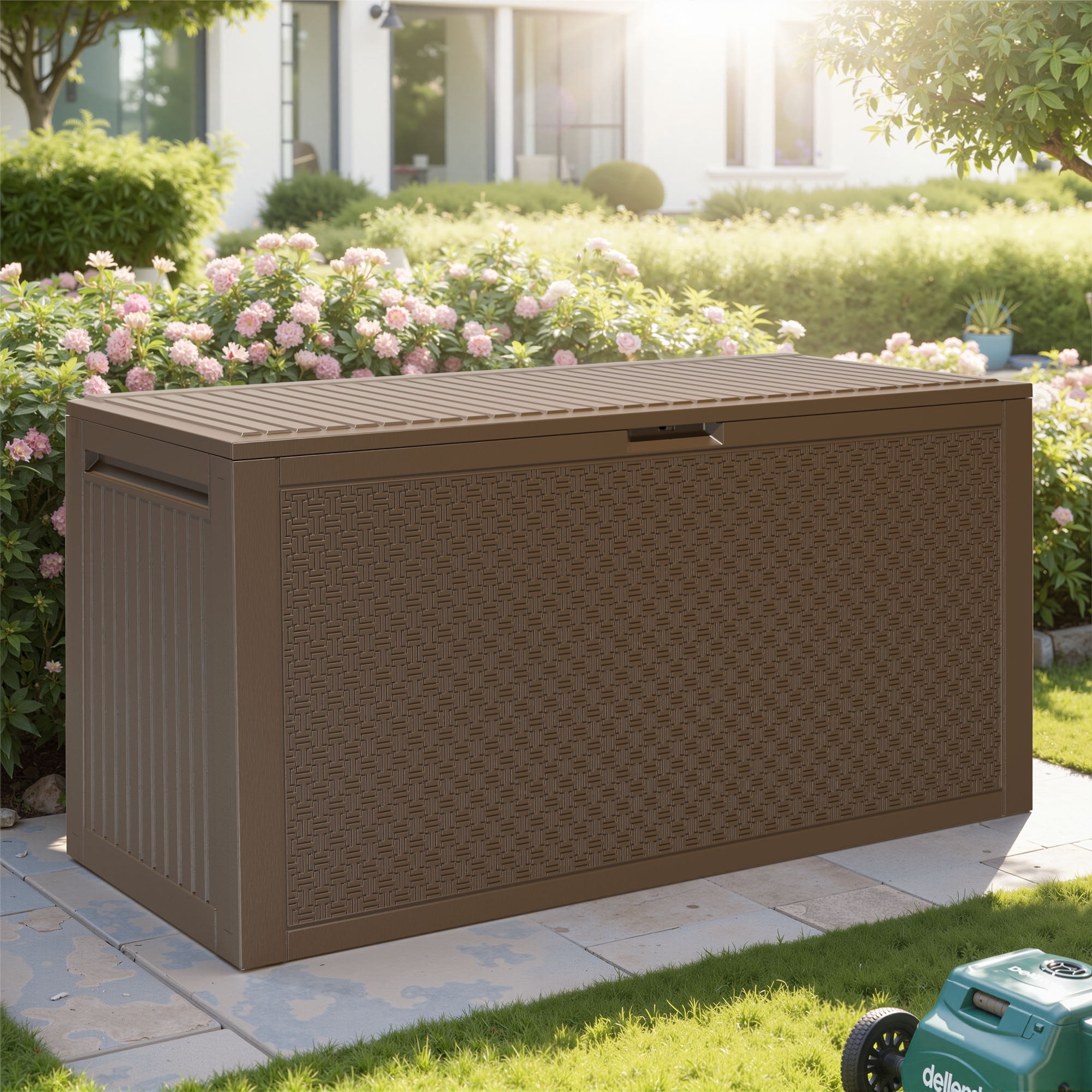 Seizeen Outdoor Storage Deck Box, Waterproof Resin Patio Bench with Lockable Lid (Brown, 90 Gallon) 0k5q1