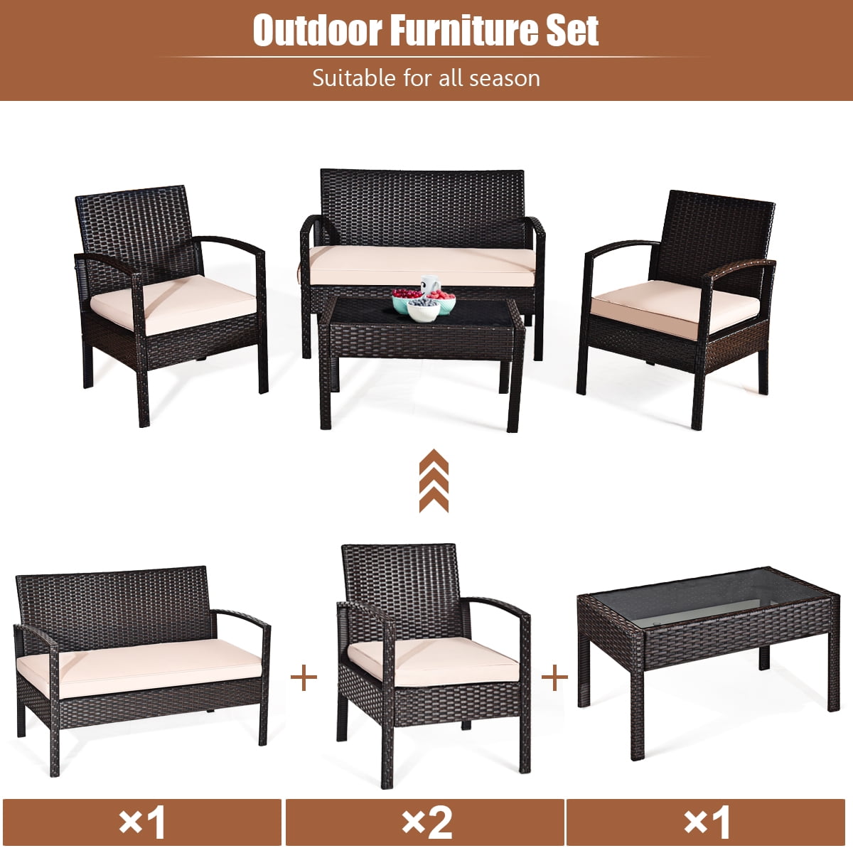 Costway 4-Piece Patio Rattan Conversation Furniture Set with Cushions and Glass Table (Brown, 4-Piece Set) y3b9y