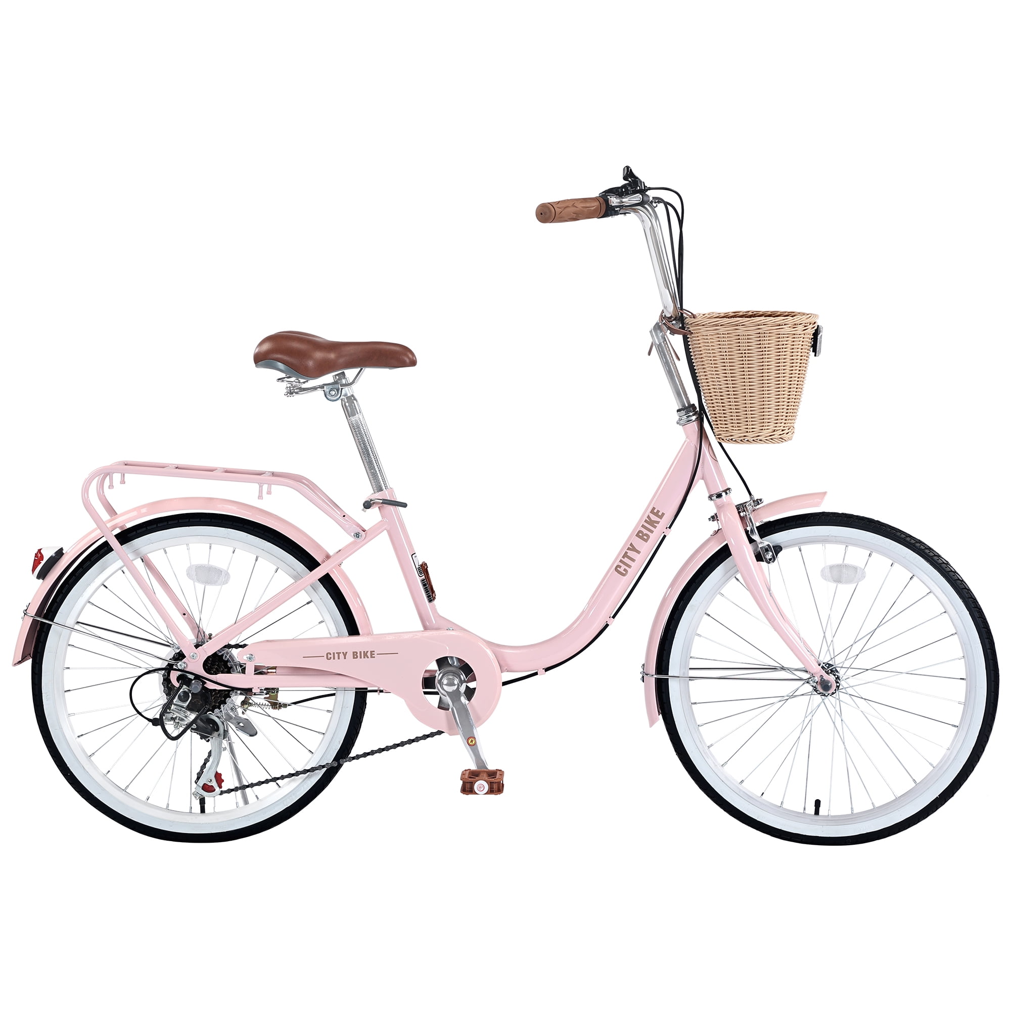 Tyethy Women's Beach Cruiser Bike 7-Speed Lady Bicycle with Basket (Pink, 22 in) tvizs