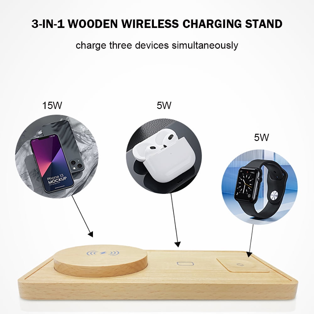 AARONMEI 3-in-1 Wireless Charging Station, Fast Charging Pad for Phone, Watch, and Headphones (Bamboo Wood, 1 Pack) ndk2p