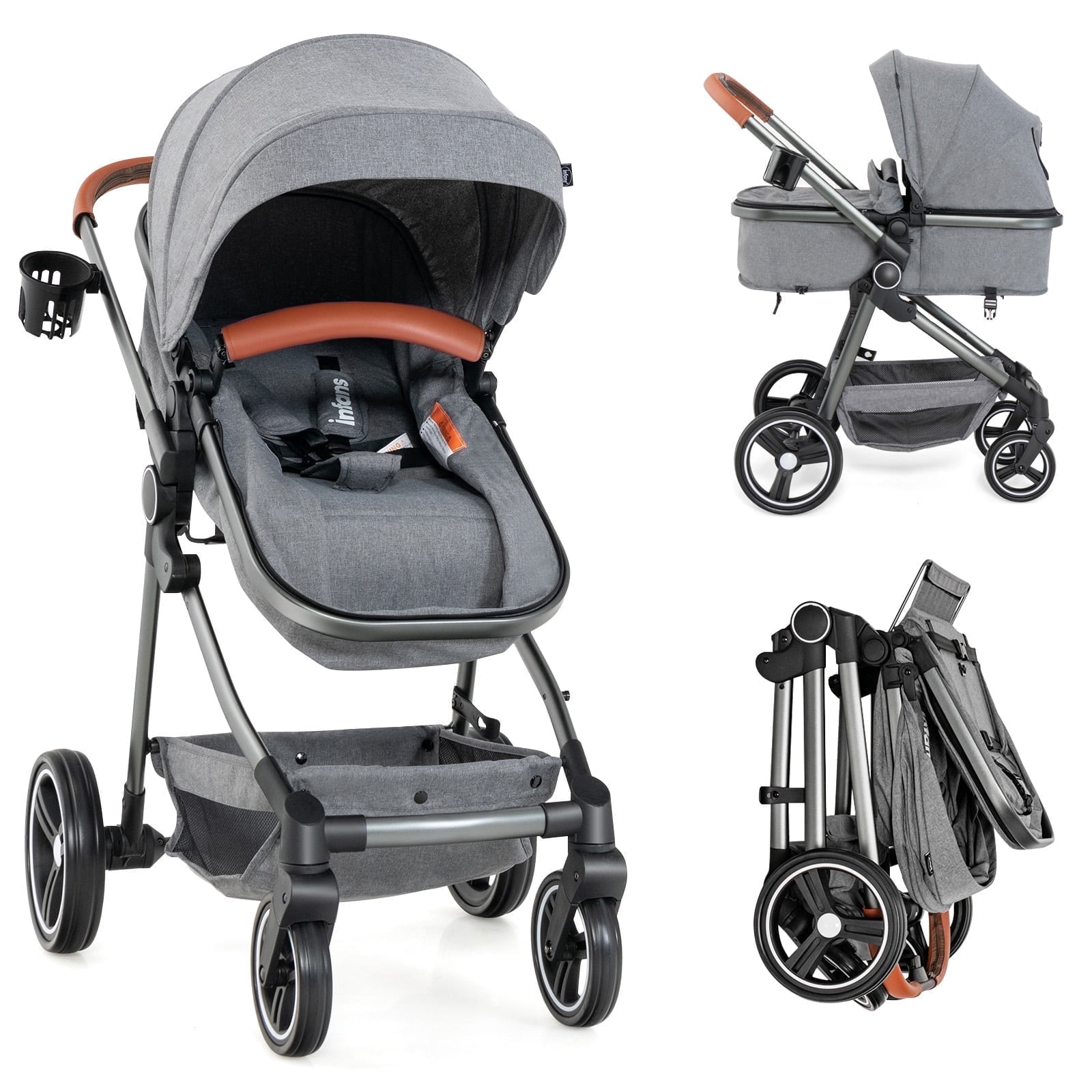 Olakids 2-in-1 Convertible Baby Stroller, High Landscape Reversible Pram with Adjustable Canopy and 5-Point Harness (Grey) tc6m1