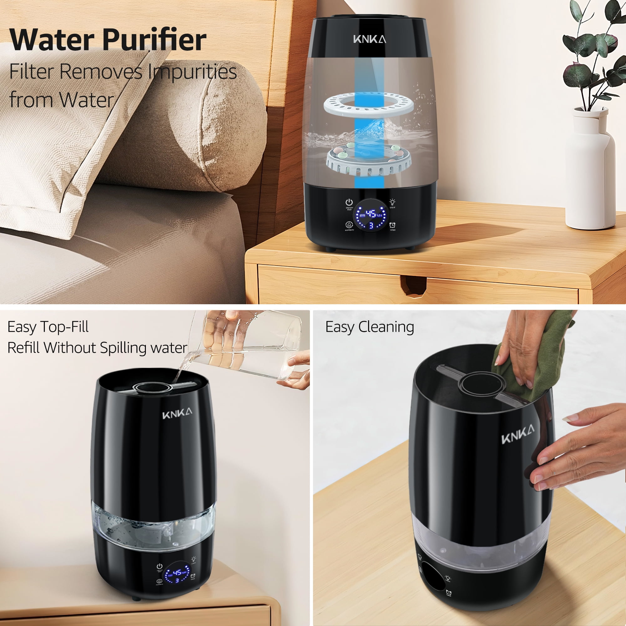 KNKA Ultrasonic Humidifier for Large Rooms, Essential Oil Diffuser with Auto Humidity Control (Black, 1.19 gal) u3yq2