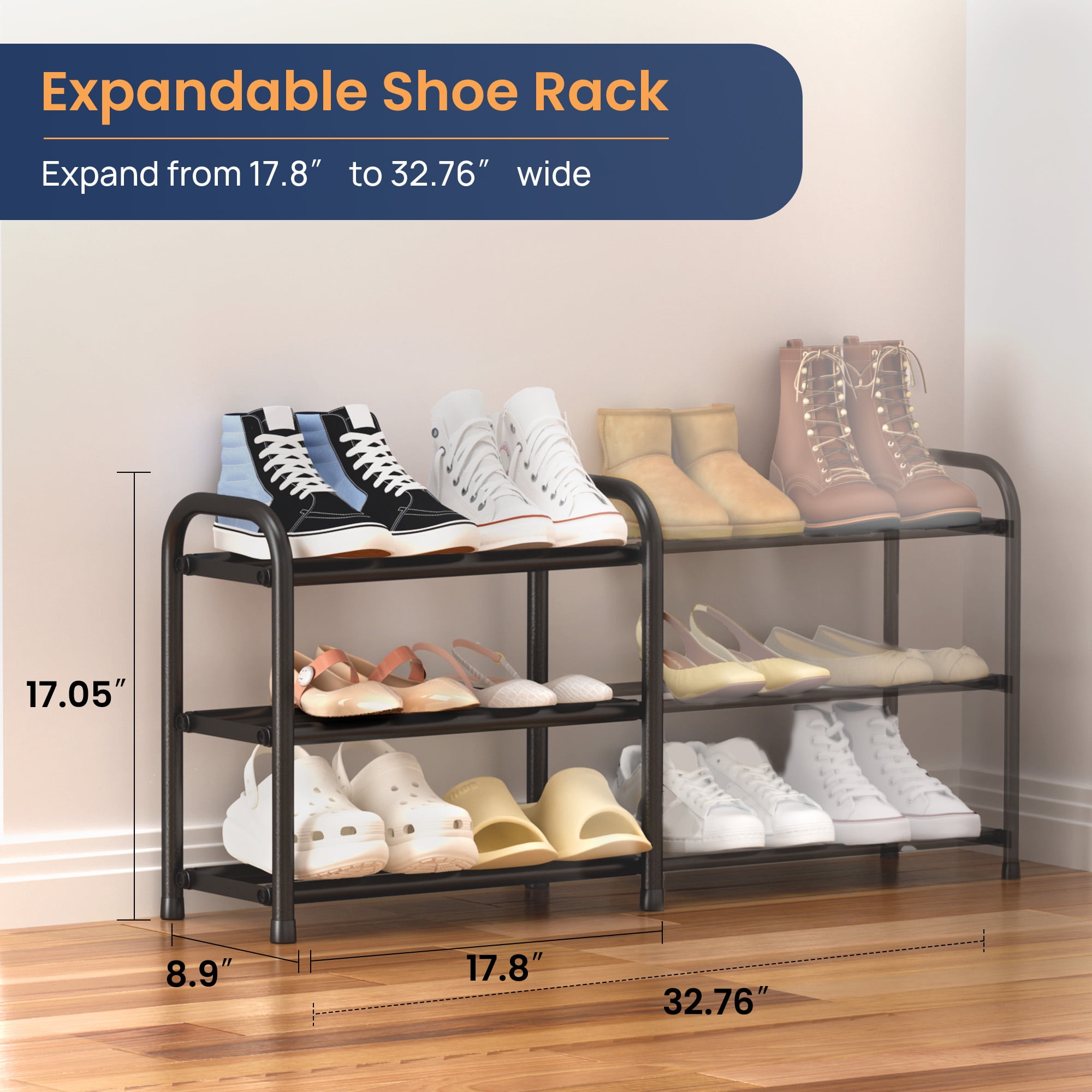 Sindcom 3 Tier Expandable Shoe Rack, Metal Shoe Shelf Organizer for Closet and Entryway (Black, 17.8 in to 32.7 in) 1xcy5