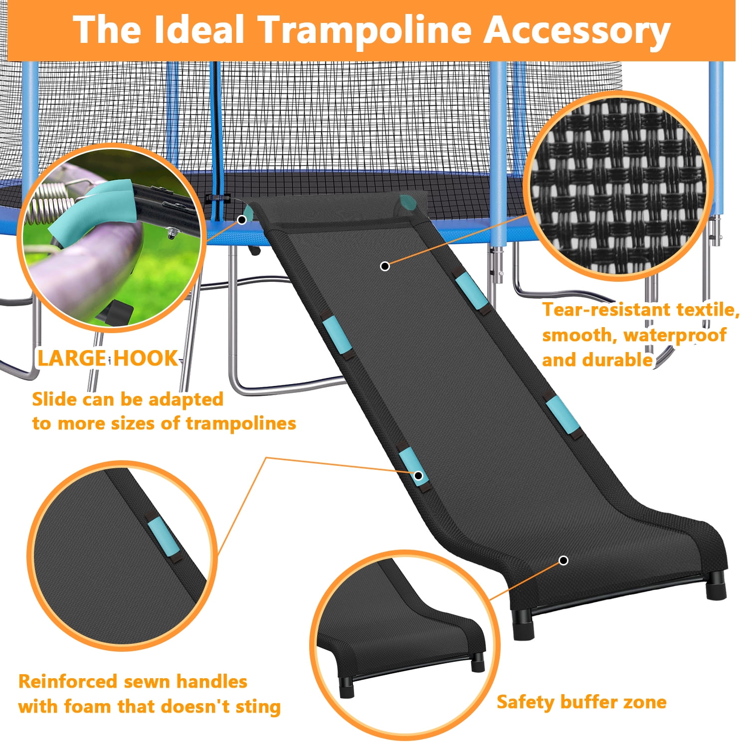 ROMUCHE Trampoline Slide and Ladder Attachment with Safety Handles (Black, 60 in x 20 in) loyu3