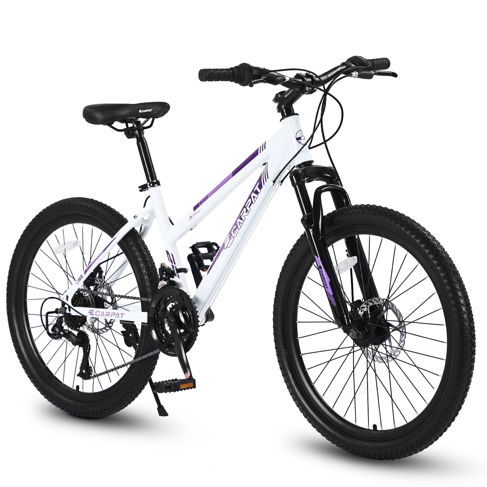 Ambifirner 24 in Mountain Bike for Women, Shimano 21-Speed Dual Disc Brakes, Steel Frame (White/Pink, 24 in) 48nr3