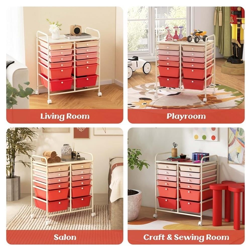 Pemberly Row 12-Drawer Rolling Storage Cart with Swivel Casters (Pink, 25 in x 15 in x 29.5 in) pk3sc