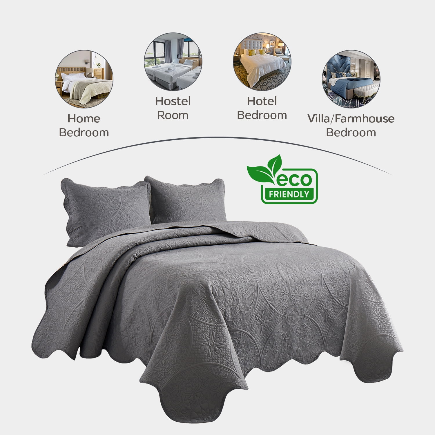 Moonlight Bedding 3 Piece Ultrasonic Quilt Set Floral Pattern (Gray, Queen) 4bcsn