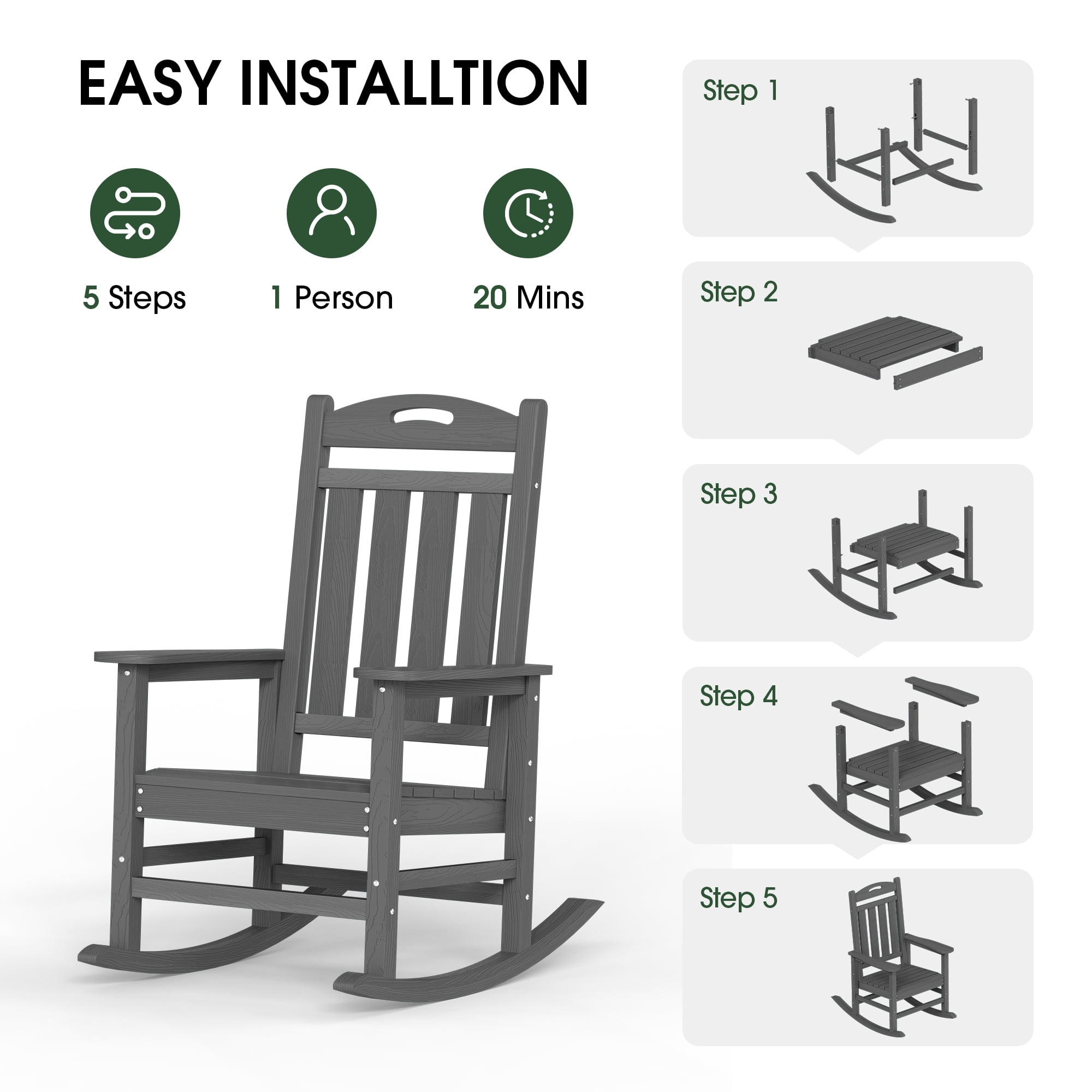 SUUNYN Oversized HDPE Outdoor Rocking Chair, Weather-Resistant High Back Porch Rocker (Dark Gray, 380 lb Capacity) rwdmc