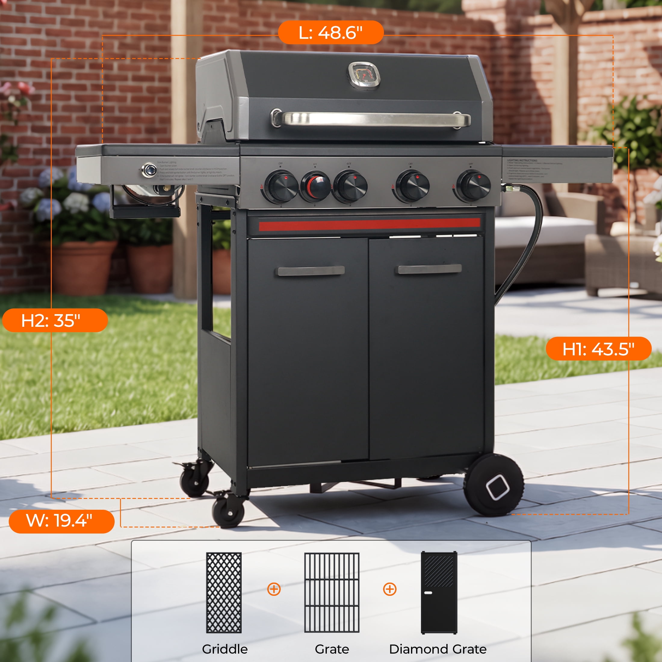 Flintex 4-Burner Propane Gas Grill with Infrared Side Burner, Diamond Grates & Griddle (494 sq. in. Cooking Area) km3tc