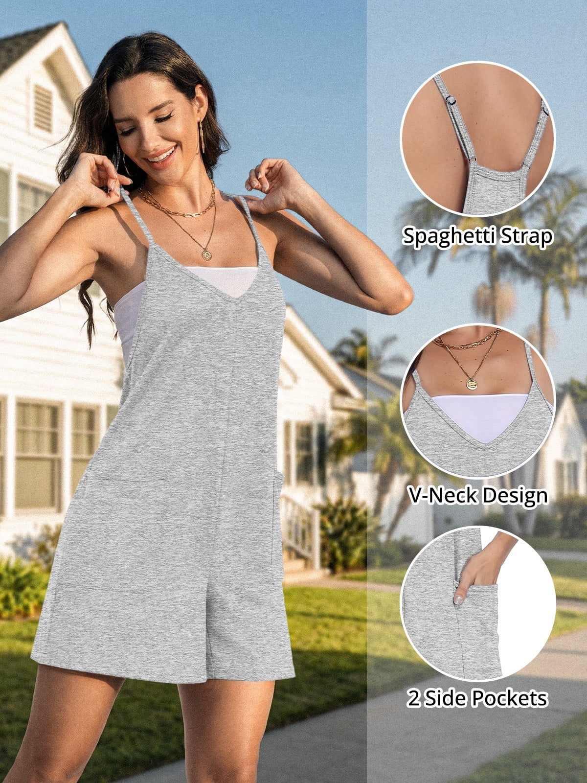 Anygrew Women's Summer Casual Loose Romper Sleeveless V Neck Jumpsuit with Pockets (Grey, Small) 9snkt