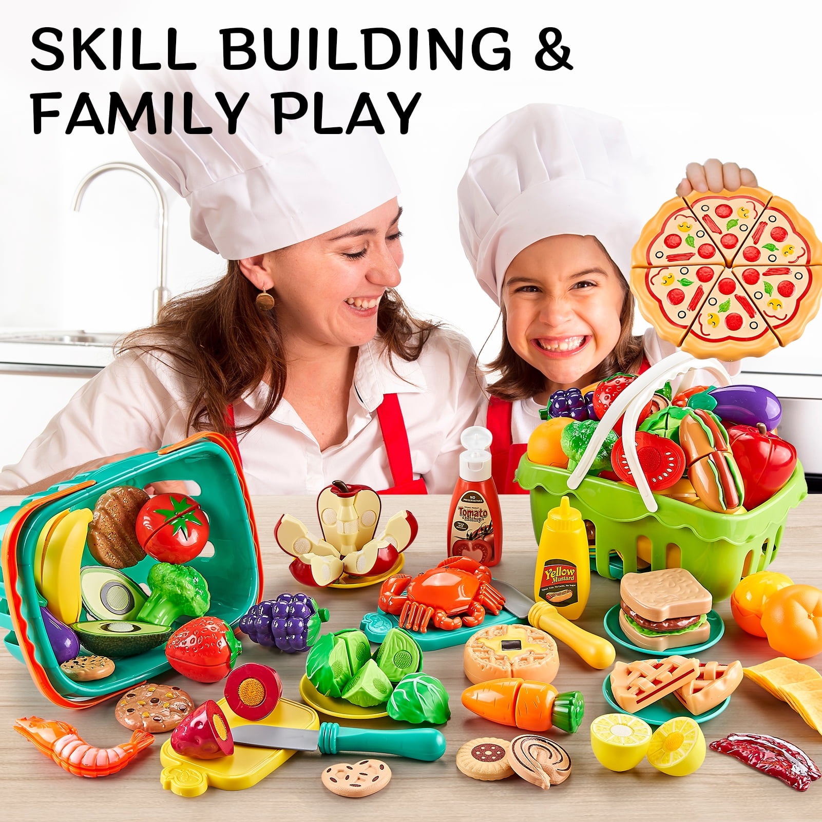 LAUGIGLE Pretend Play Food Set for Kids Kitchen, Cutting Toy Food with 2 Storage Baskets (85 Pieces) 00dfn