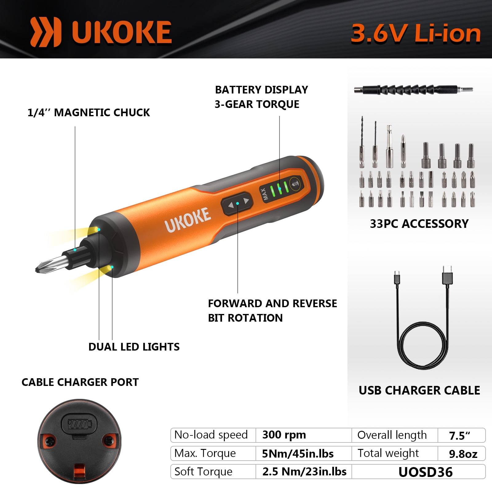Ukoke 3.6V Cordless Screwdriver Kit with 33 Accessories, USB Rechargeable Power Tool (Orange, 33 Pieces) i36r0