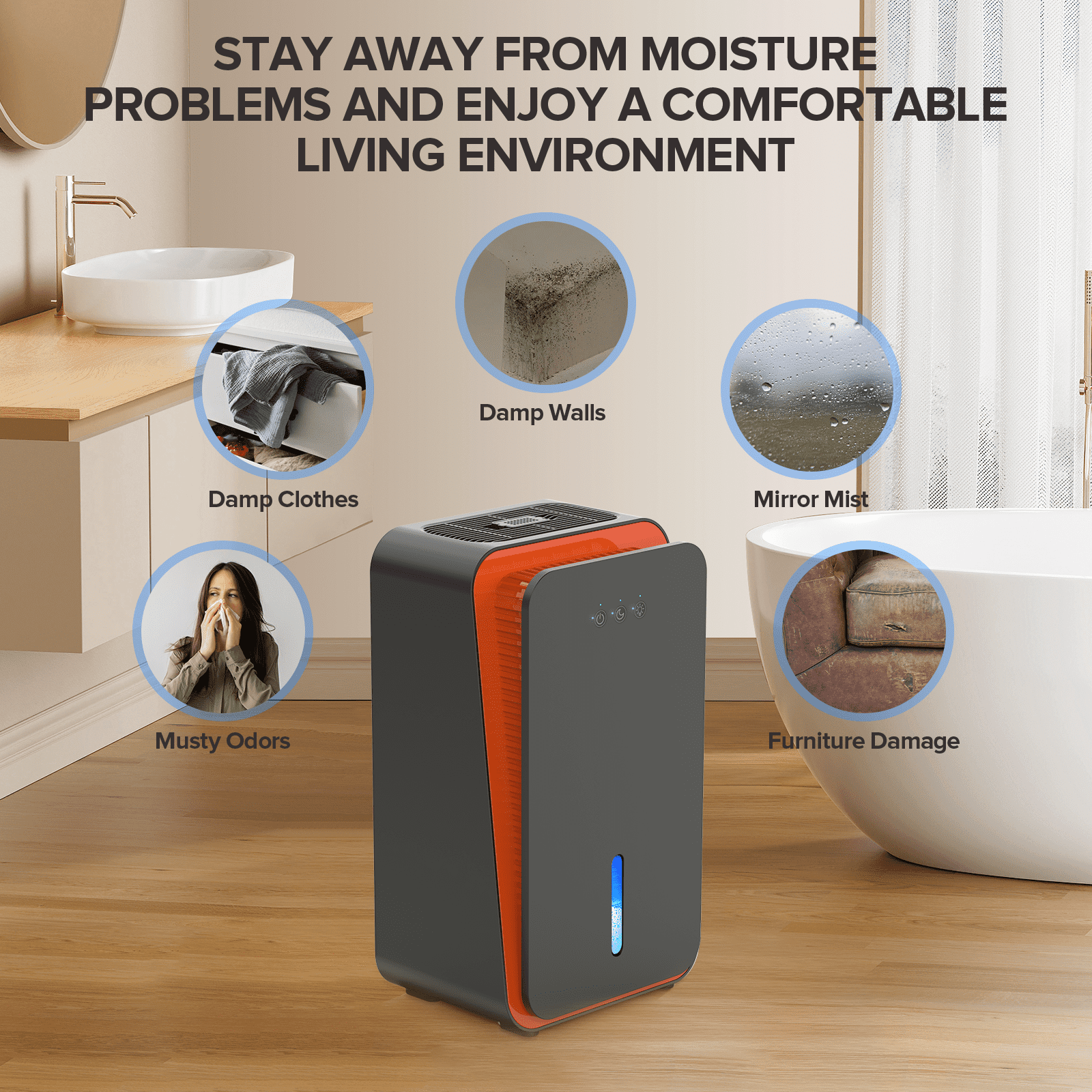 GOOVI Dehumidifier for Home, Quiet Air Dehumidifier with 7-Color LED Light and Aromatherapy Diffuser (Black, 85 fl oz) rouh3