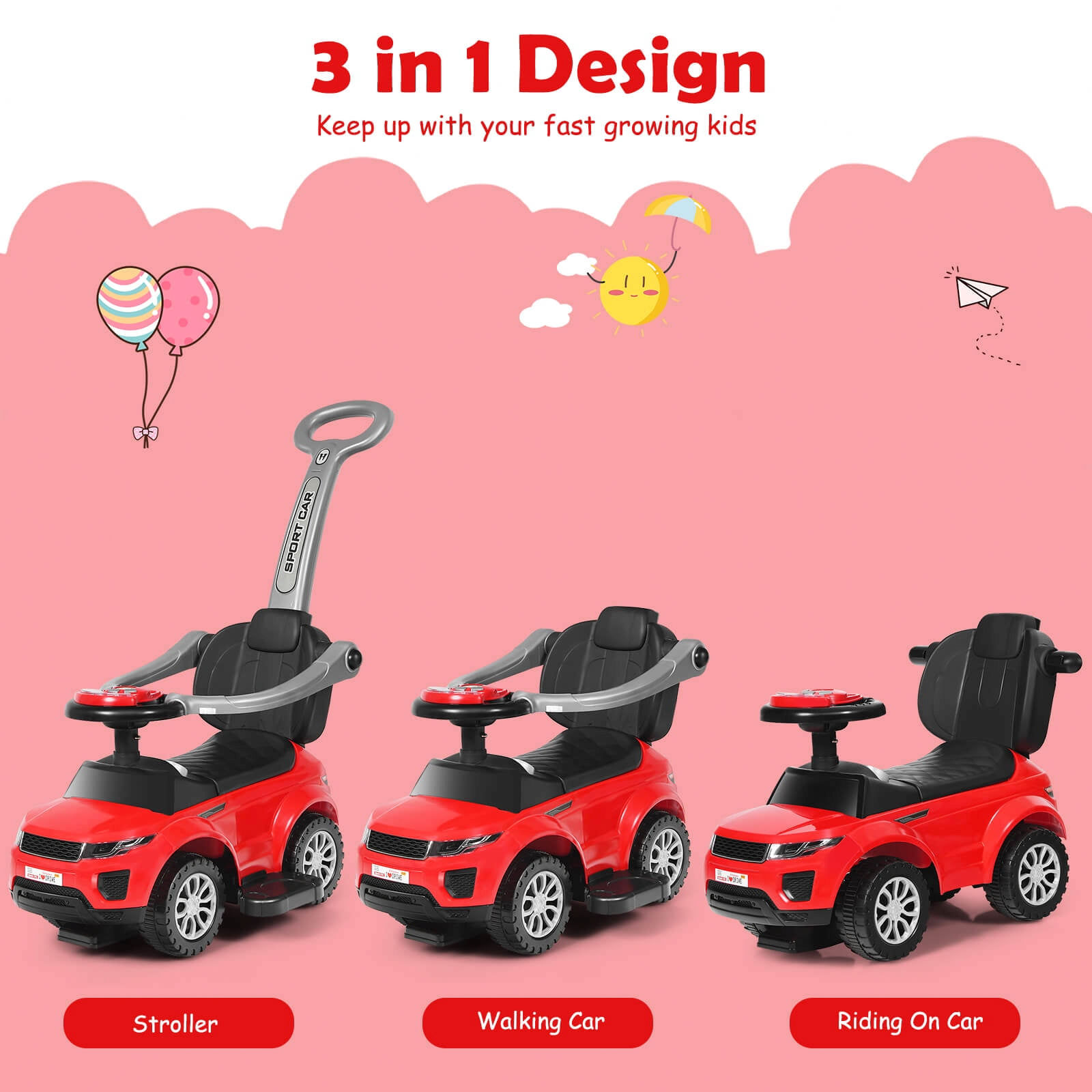 INFANS 3-in-1 Ride-On Push Car Toddler Stroller with Music and Storage (Red) yswuz